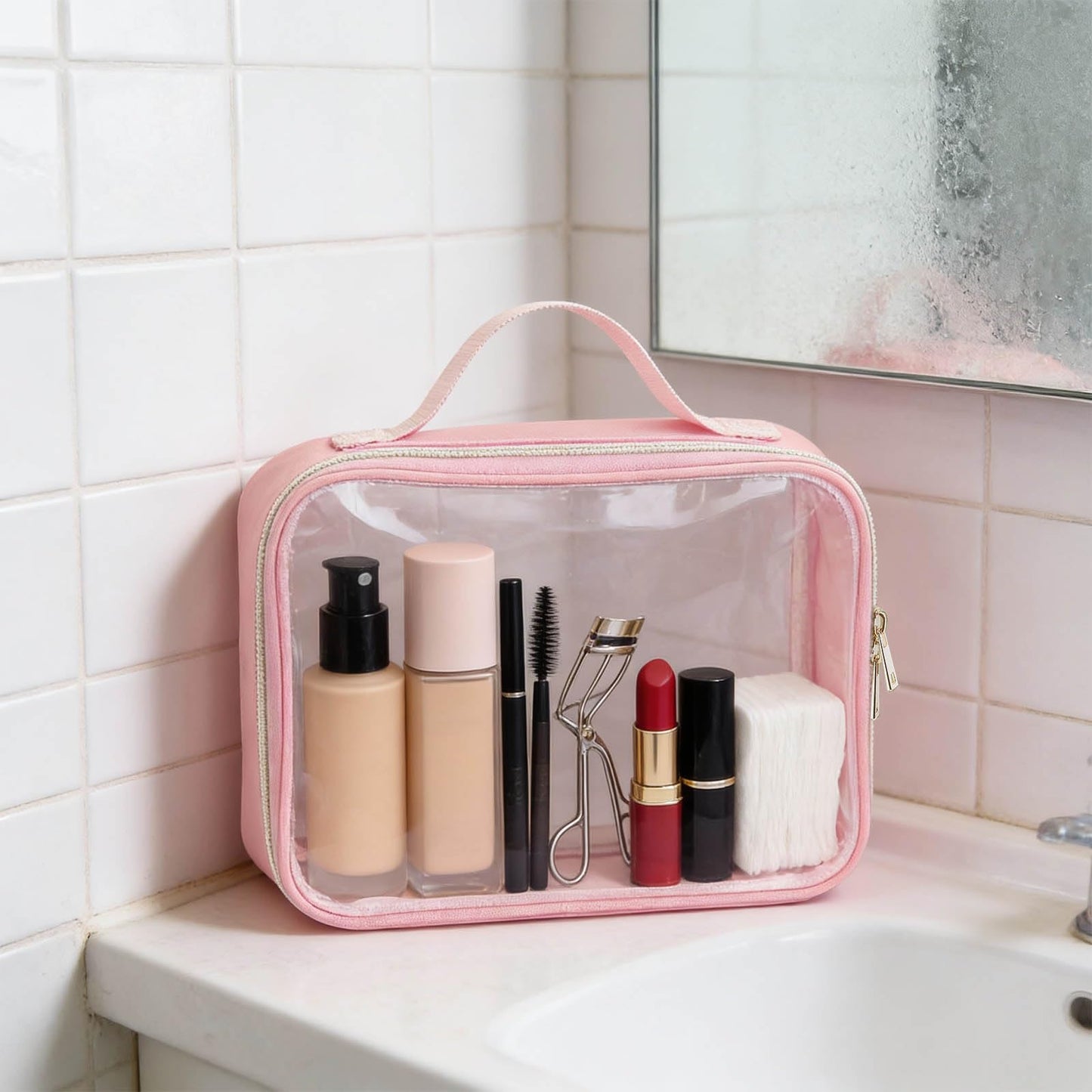 TREALDATE 3 Set of Clear Travel Bags for Toiletries,Clears Makeup-Bag Quart Size Travel Bag, Pink