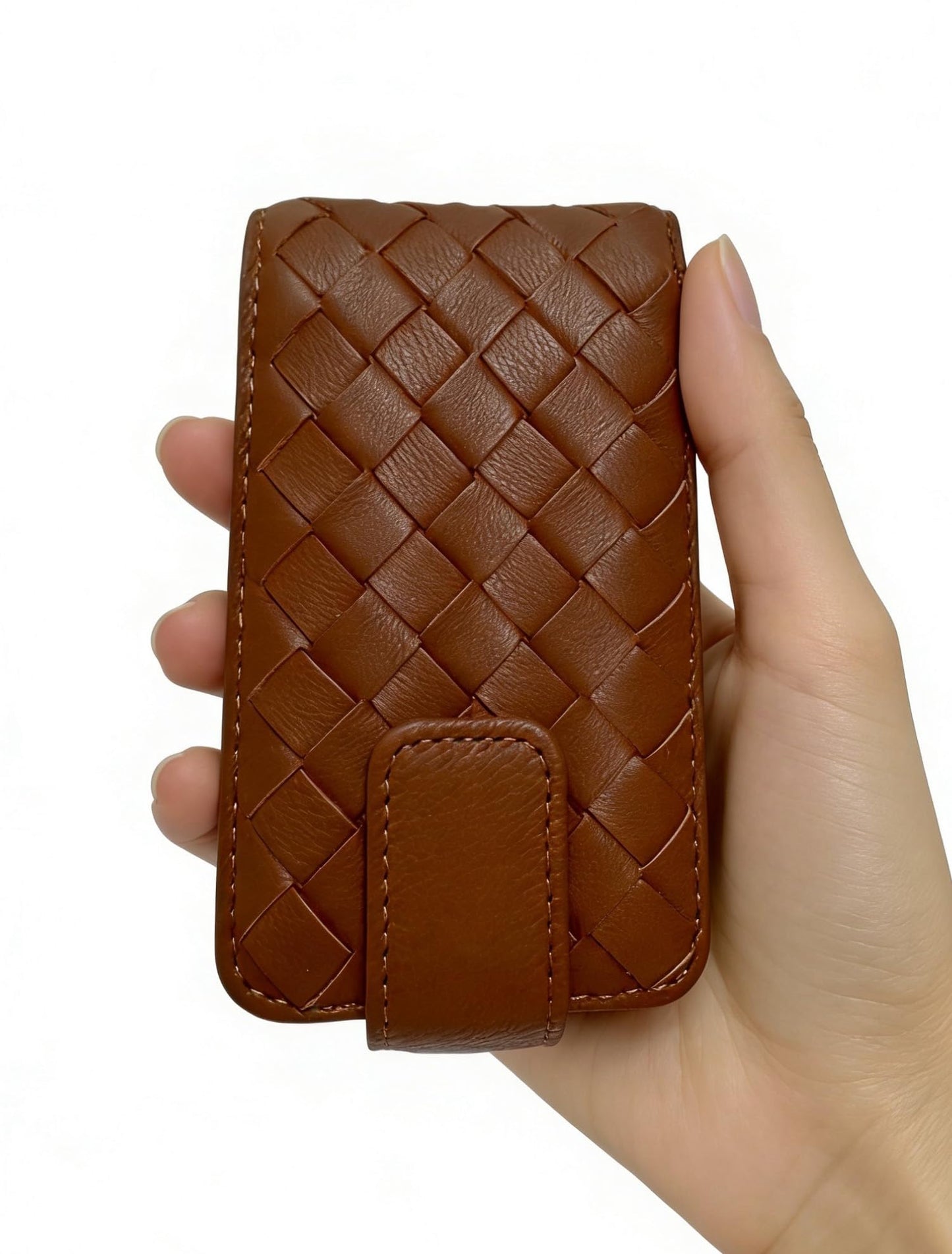 AgentMoon Luxury Handheld Lipstick Pouch with Mirror,Genuine Leather Lip Balm Case with Clamshell Magnetic Hidden Clasp and Hook for Chain.Portable Travel Cosmetic Case for Women.(Light Brown Woven)