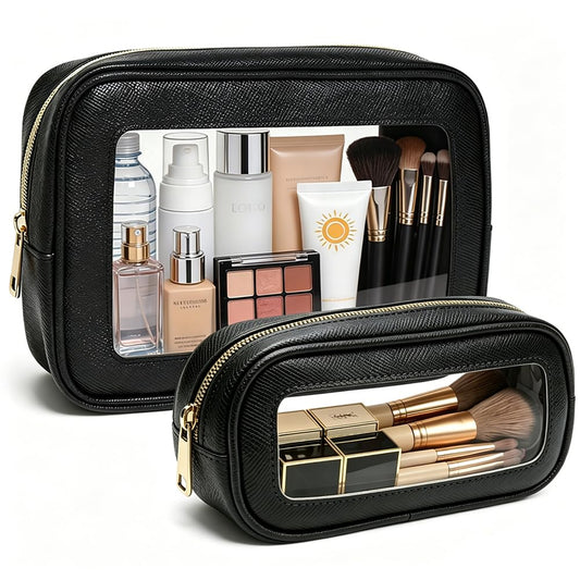 FFpaw 2Pcs Clear Makeup Bags Set - Portable Clear Cosmetic Bag Case Travel Makeup Brush Bag Waterproof Makeup Pouch TSA Approved Toiletry Bag Car Organizer Bag for Women (Black Set)