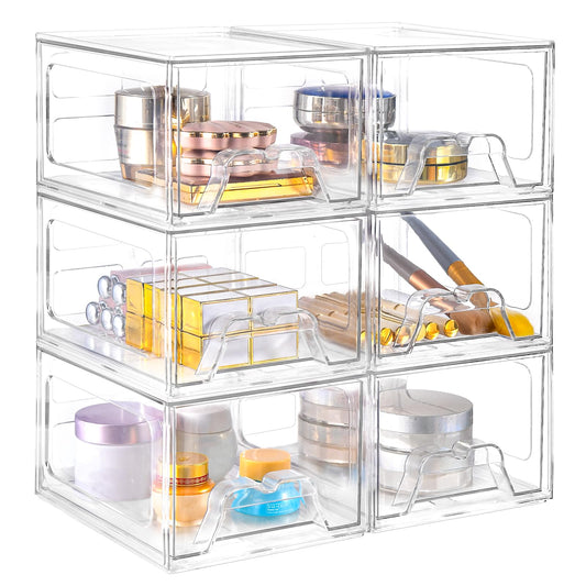 Stebopum 6 Pack Stackable Makeup Organizer, 4.4'' Tall Acrylic Bathroom Makeup Organizer and Storage Drawer with Pull-out Handle, Clear Plastic Storage Bins for Vanity,Pantry,Desk,Undersink,Kitchen