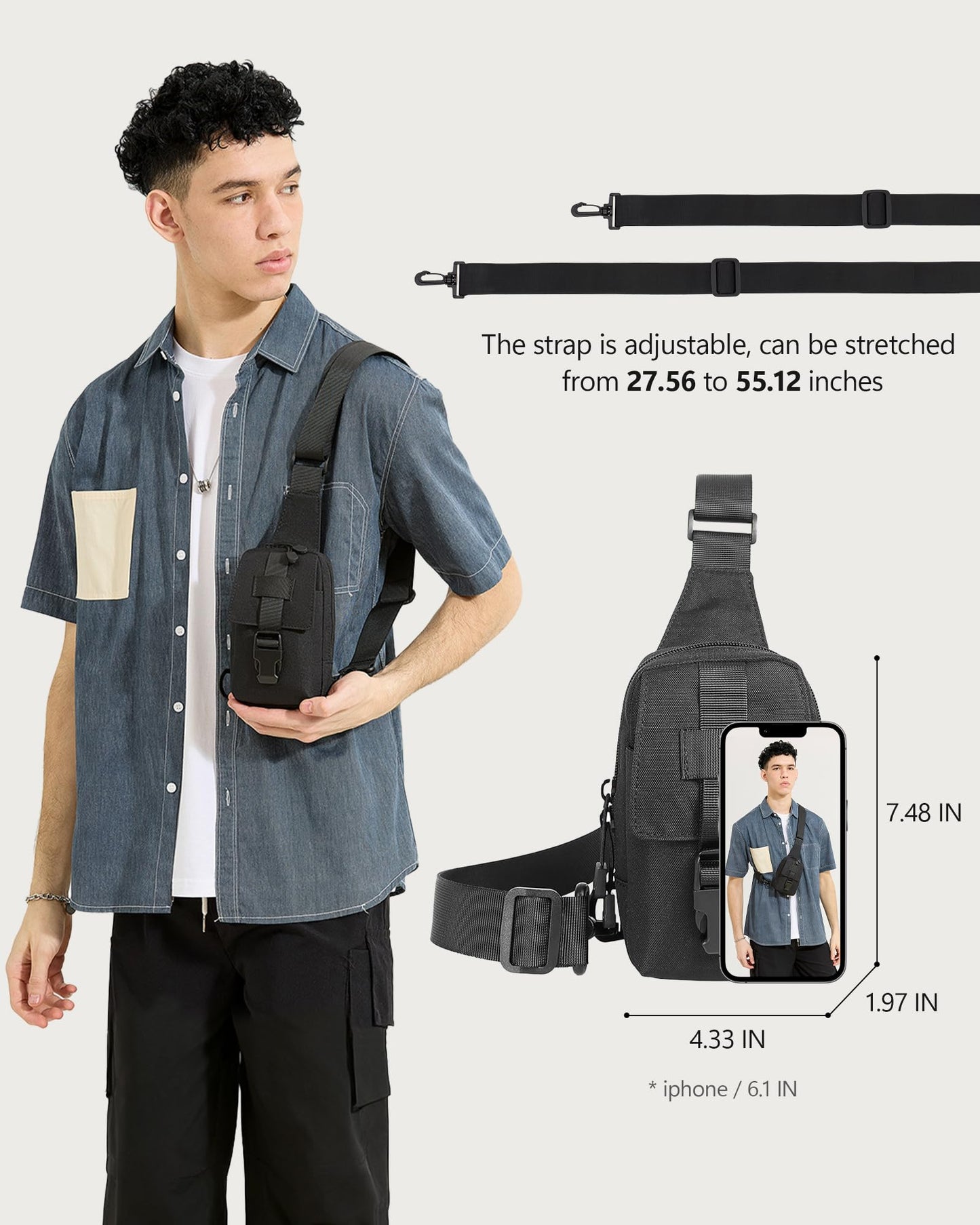Peicees Small Sling Bag for Men, Tactical Inspired Waterproof Utility EDC Mini Crossbody Chest Bag for Travel Work Sport, Canvas Black