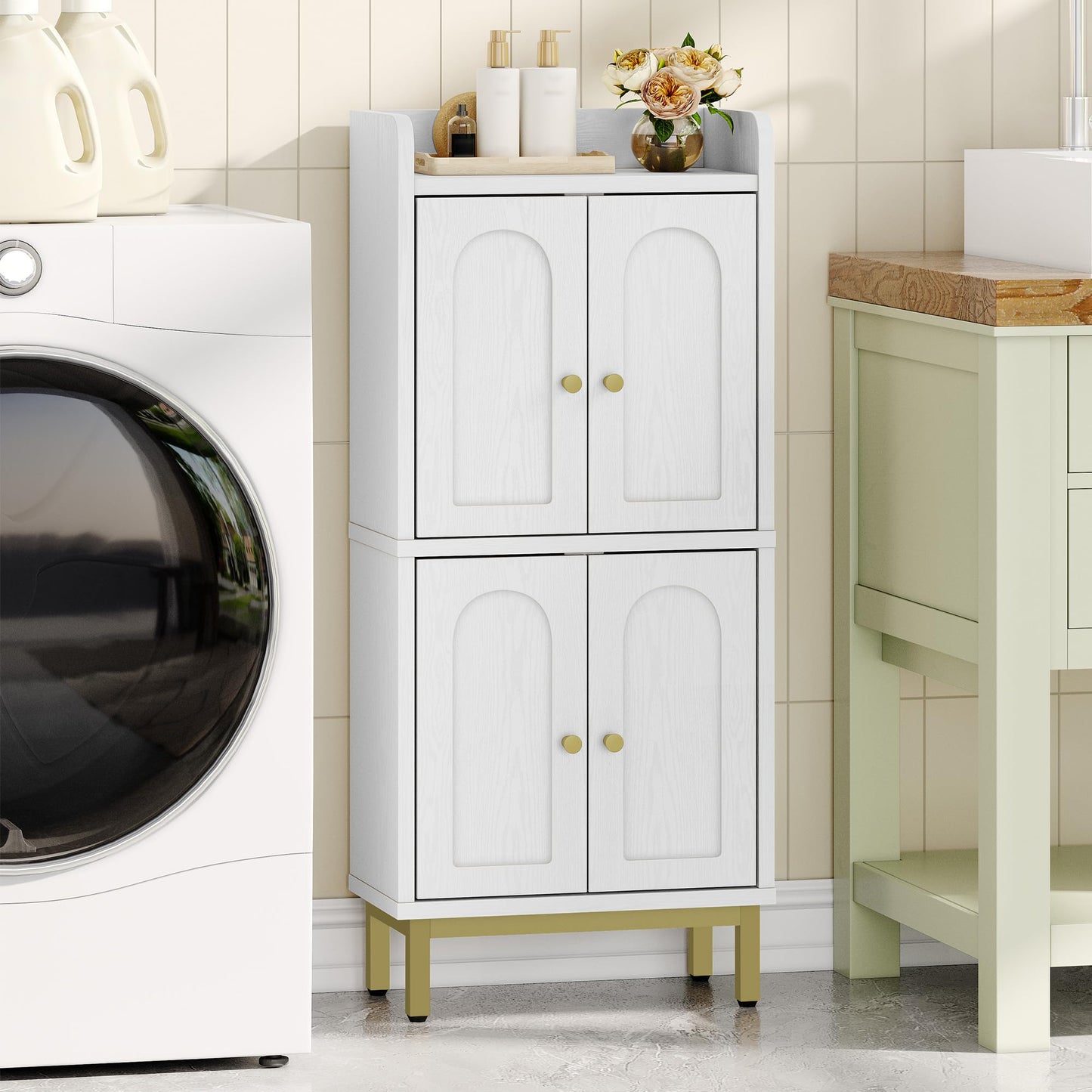Hzuaneri Bathroom Cabinet, Small Storage Cabinet with 4 Doors, Bathroom Organizers and Storage Cabinets with Adjustable Feet. Cabinets Freestanding for Living Room, Kitchen, 7.1"D x 14.6"W x 32.7"H