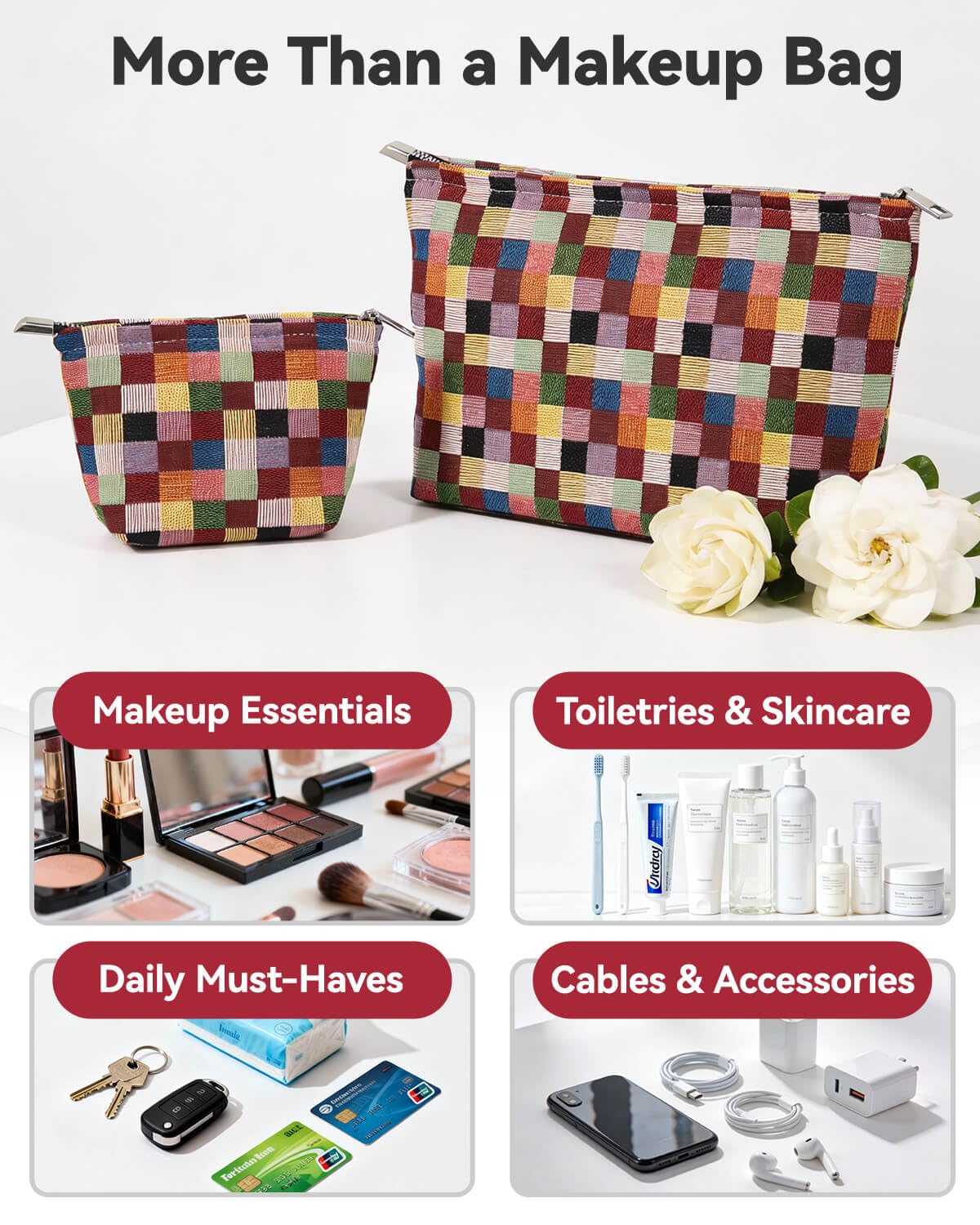 fahombag 2 Pcs Checkered Makeup Bag Set Canvas Cosmetic Pouch for Women Large & Small Cute Preppy Aesthetic Travel Toiletry Pouch Organizer for Purse Skincare Brushes, Multicolor