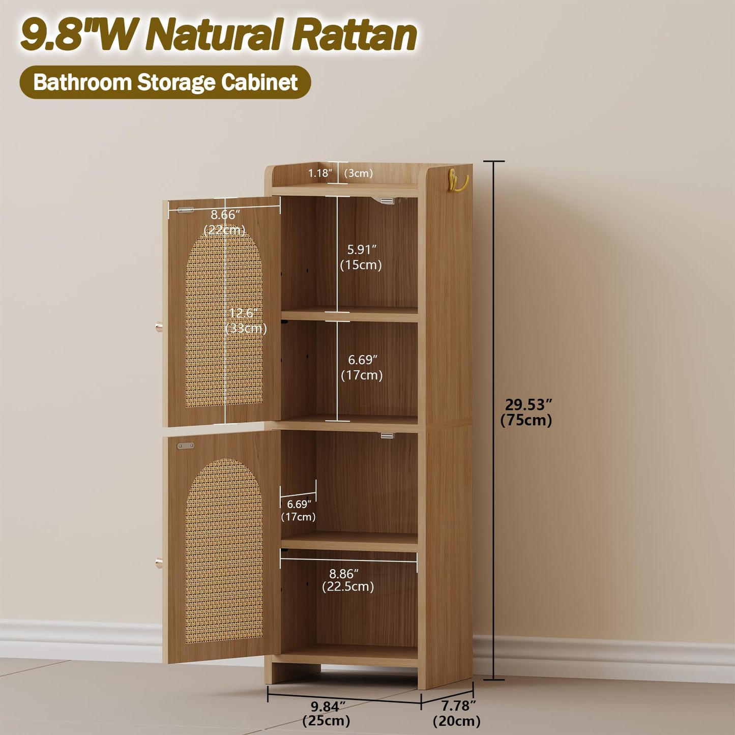 Arbuxzuy Rattan Bathroom Storage Cabinet,Corner Floor Cabinet with 2 Doors and Adjustable Shelf, Narrow Toilet Paper Cabinets with 2Hooks,Toilet Organizer for Small Spaces,7.87"D*9.84"W*29.72"H Oak