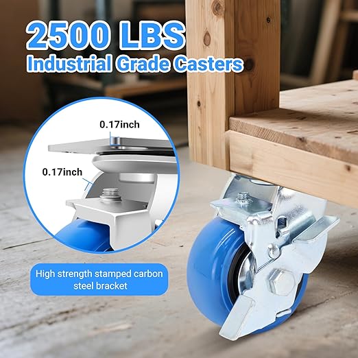 W B D WEIBIDA 4 Inch Heavy Duty Casters, Smooth Rolling Caster Design for Cart Wheels, 2500 LBS Industrial Grade Castors with Upgraded Thickened Bracket, Durable Castors (4 Brake)