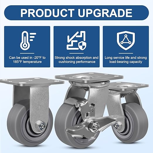 4 Inch Rubber Wheels (Flat Tread)- Heavy Duty Casters, Industrial Caster Wheels- with up to 700 LB Capacity- Use for Dollies, Utility and Maintenance Carts(12 Swivel)