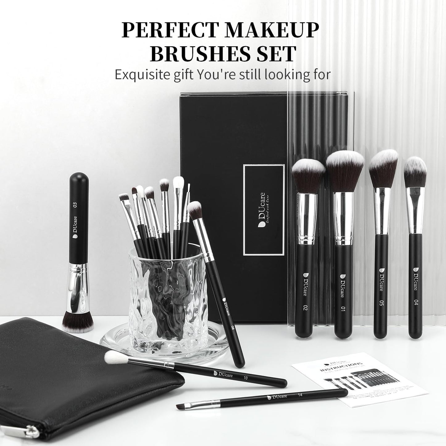DUcare Makeup Brushes with Travel Bag 15Pcs Makeup Brush Set Kabuki Foundation Blending Blush Eyeliner Shadow Brow Concealer Brushes Kit