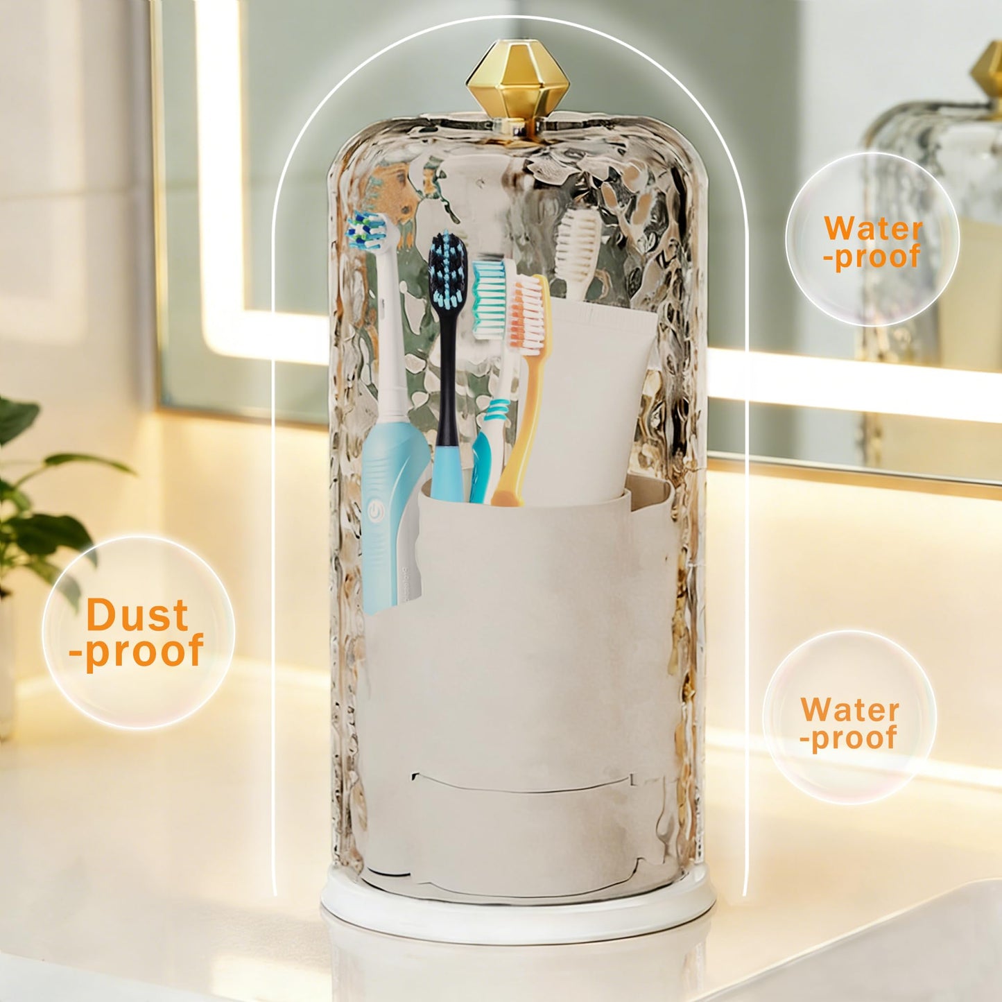 Toothbrush Holder with Cover, Dustproof Toothbrush Holders for Bathroom Organizer Countertop, 360° Rotating Sliding Lid Makeup Brush Holder for Multi-Functional Storage (Translucent Grey)