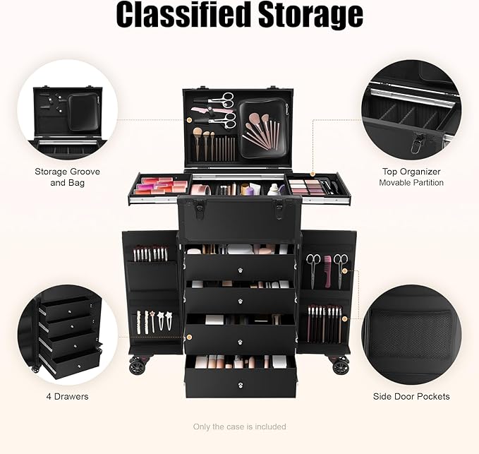 YIYIBYUS 5 in 1 Rolling Makeup Cart, Professional Cosmetic Organizer Travel Case, Extra Large Trolley Nail Artist Salon Storage Traveling Cart, with 360° Swivel Wheels