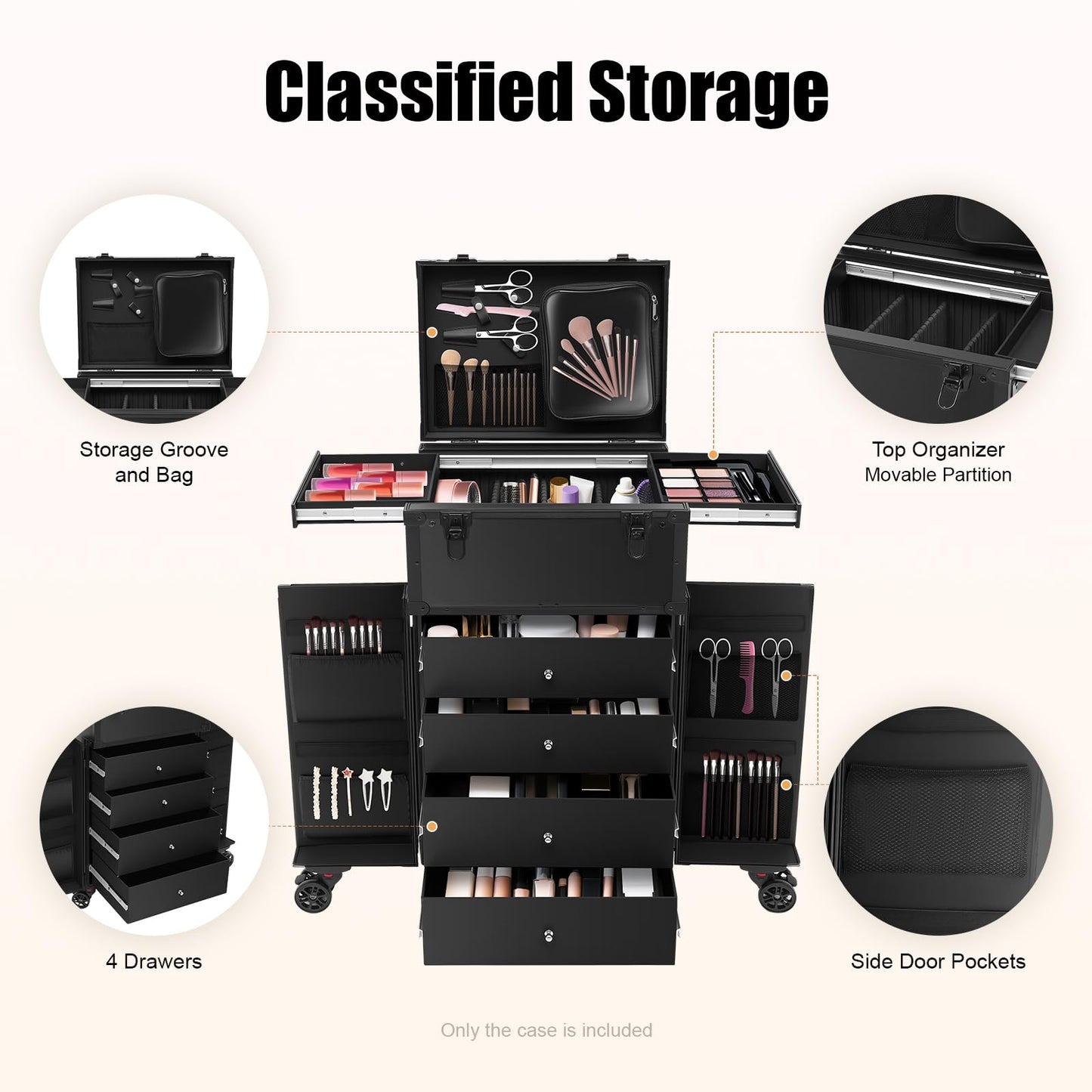 DingYiHanHan Professional Rolling Makeup Case 4 Drawers Makeup Artist Cosmetic Train Case Hairstylist Travel Case Portable Make Up Station with Multiple Compartments Extra Large Black