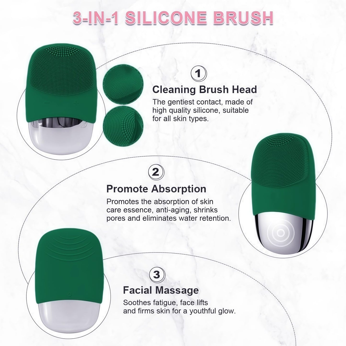MEGAN Facial Cleansing Brush,USB Rechargeble Electric Silicone Face Scrubber,IPX7 Waterproof Sonic Facial Massager, 3 in 1 face Brush for Deep Cleanning, Blackhead Remover, Exfoliating. (Green)