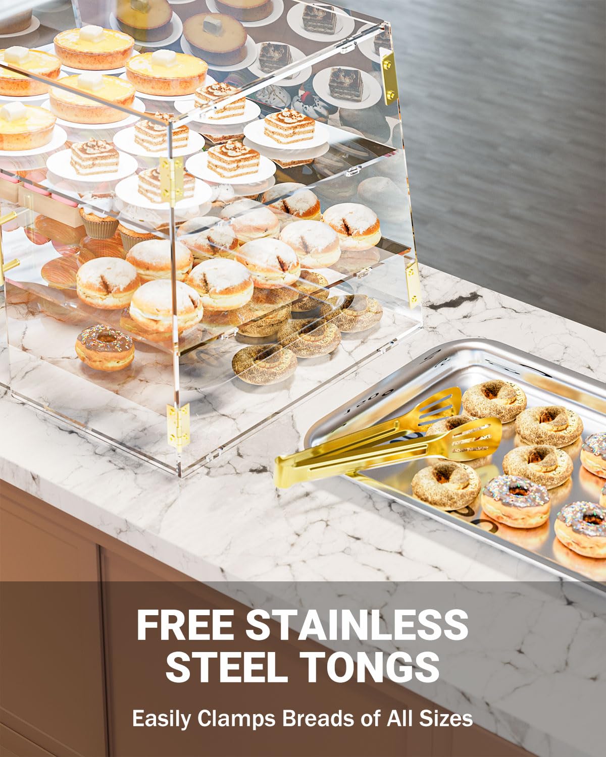 CITYJOY 3-Tier Slanted Acrylic Bakery Display Case, 21"×17"×17" Commercial Countertop Pastry Showcase with Automatic-Closing Rear Doors for Donuts, Bagels, Macarons, Cupcakes