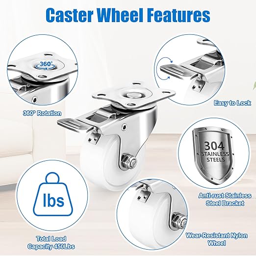 2 Inch Stainless Steel Caster Wheels with Brake, Anti-Rust Outdoor Swivel Casters Set of 4, Durable Polyamide PA Wheels for Furnitures,Labs,Restaurants