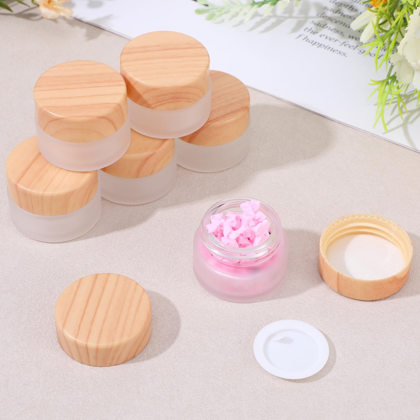 COMNICO 32 Pcs Glass Cosmetic Containers with lids, 5 Grams/5 ML Round Frosted Cosmetic Jars Empty Sample Refillable Travel Jars for Makeup Lip Scrub Lotion Balm