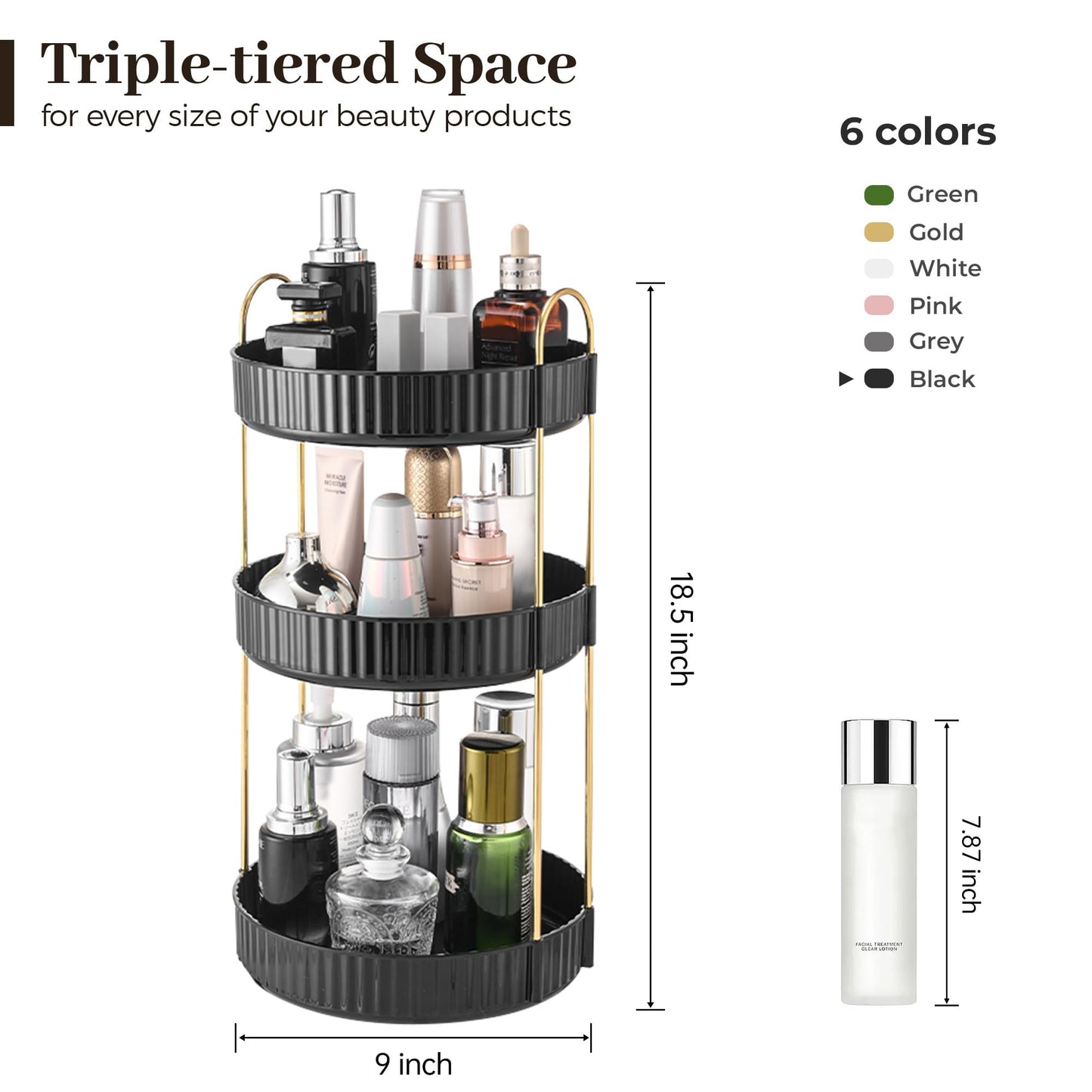 Aveniee 360 Rotating Makeup Organizer for Vanity, Large Spinning Bathroom Counter Organizer Shelf Holder for Cosmetics, Skin Care, Lipsticks,3 Tiers, Black