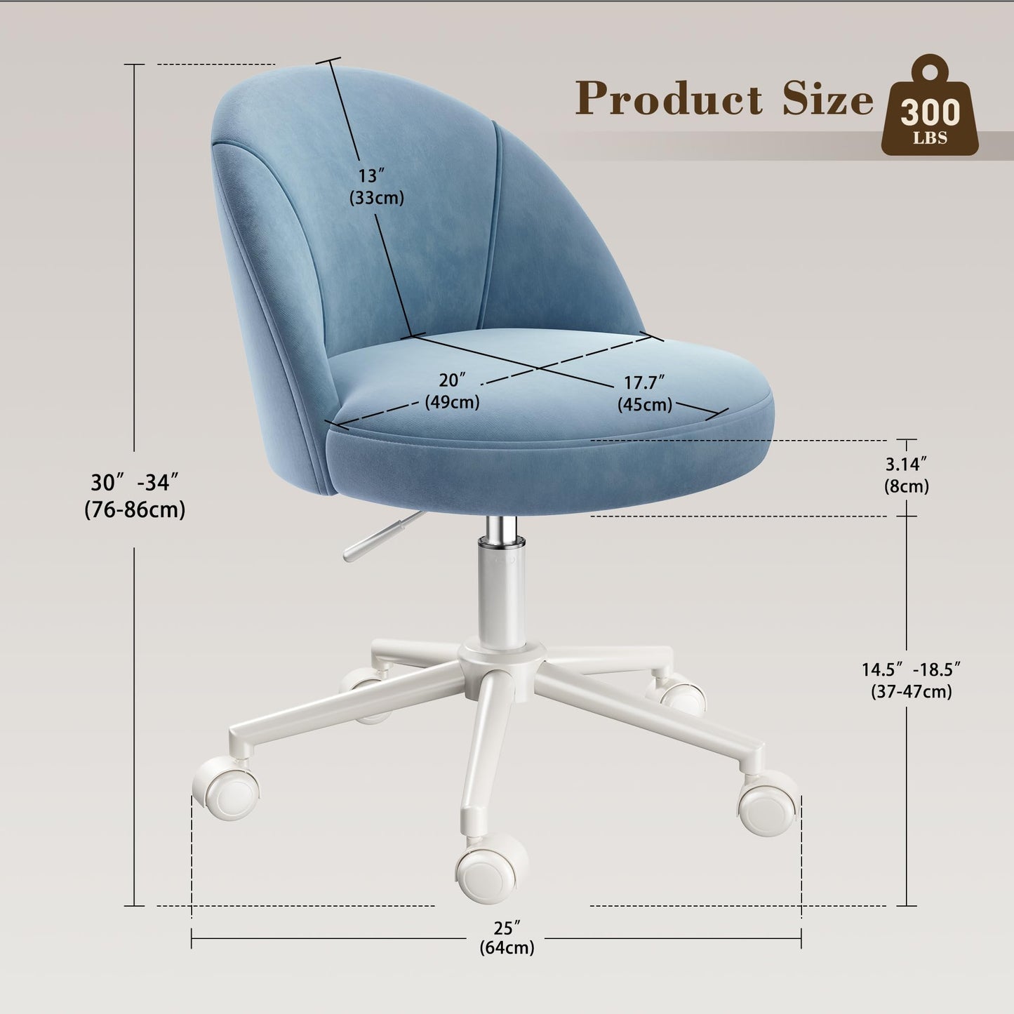 EnHomee Velvet Vanity Chair with Wheels, Armless, Height Adjustable, Blue