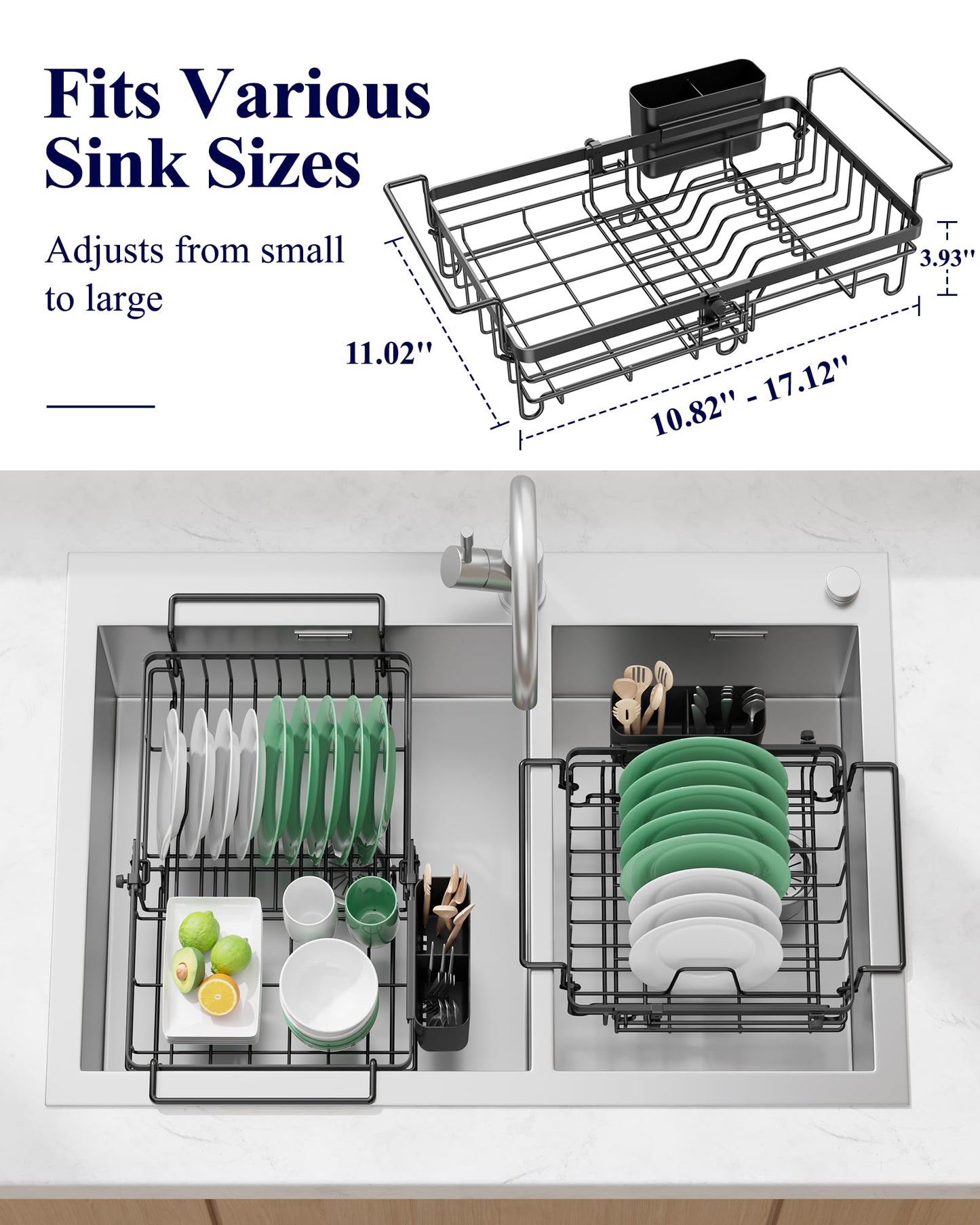 Kitsure Dish Drying Rack – Expandable in-Sink or Over-Sink Dish Rack for Kitchen Counter, Rust-Resistant Metal Dish Strainer with Cutlery Holder, 10.82"-17.12" L x 11.02" W x 3.93" H, Black