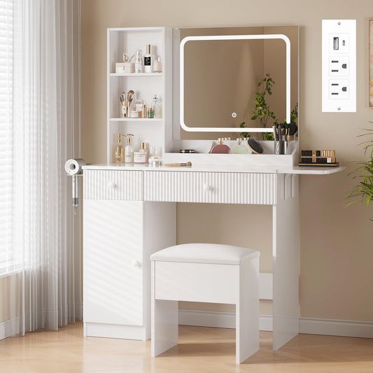 Vanity Desk with Mirror and Lights, Makeup Desk with 3 Lighting Modes, Power Outlet, Drawers & Storage Shelves, Storage Stool, Vanity for Bedroom, White