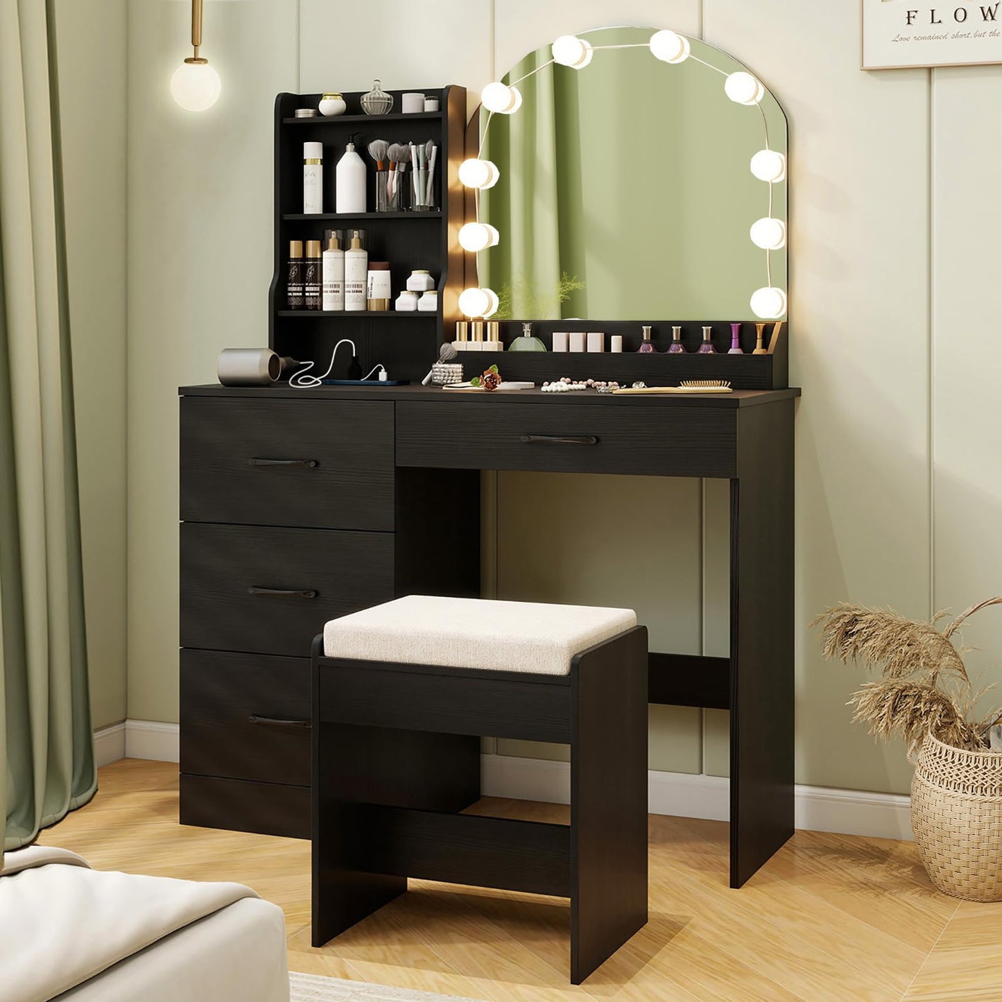 CHARMAID Vanity Desk with Mirror and Lights, Black Makeup Vanity Desk with 4 Drawers, Storage Shelves, Charging Station, 3 Lighting Modes, 40 inch Large Vanity Dressing Table with Stool for Bedroom