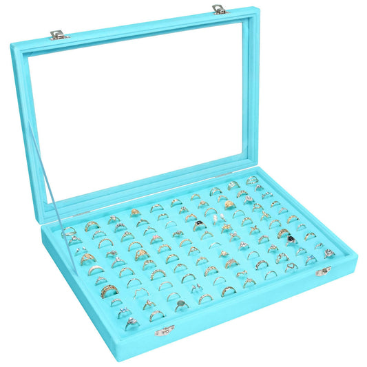 Siveit Velvet Ring Display Tray Organizer Box with Transparent Lid, 100 Slot Ring Holder Showcase For Store Display Jewelry Show Home, Ring Organizer For Rings Earrings (Light Blue)