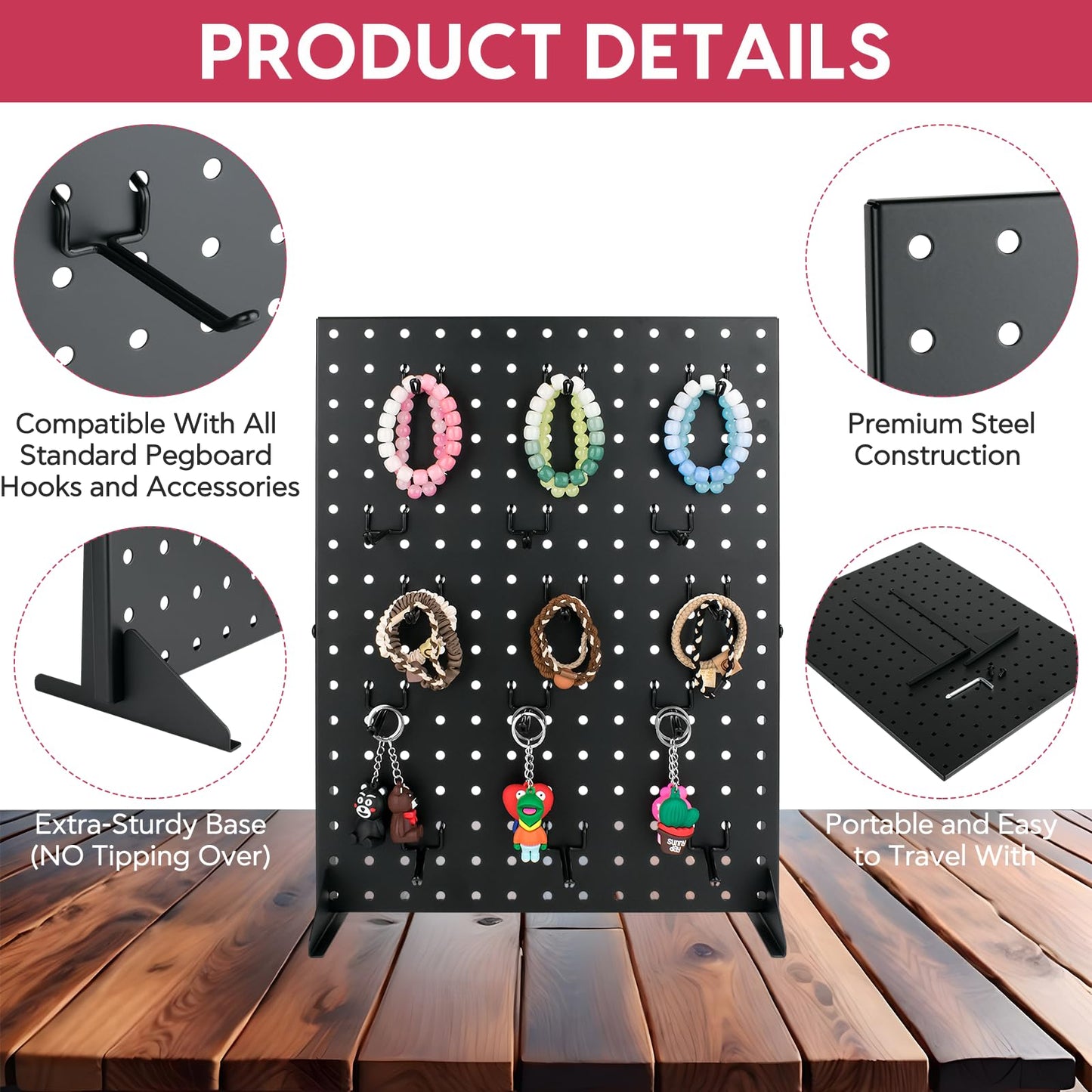 Metal Pegboard Display Stand With 15 Peg Board Hooks Accessories, Desk Pegboard Panels, Merchandise Display Rack for Selling Accessories Vendors & Events Retail Craft Shows & Fairs (17*13Inch, Black）