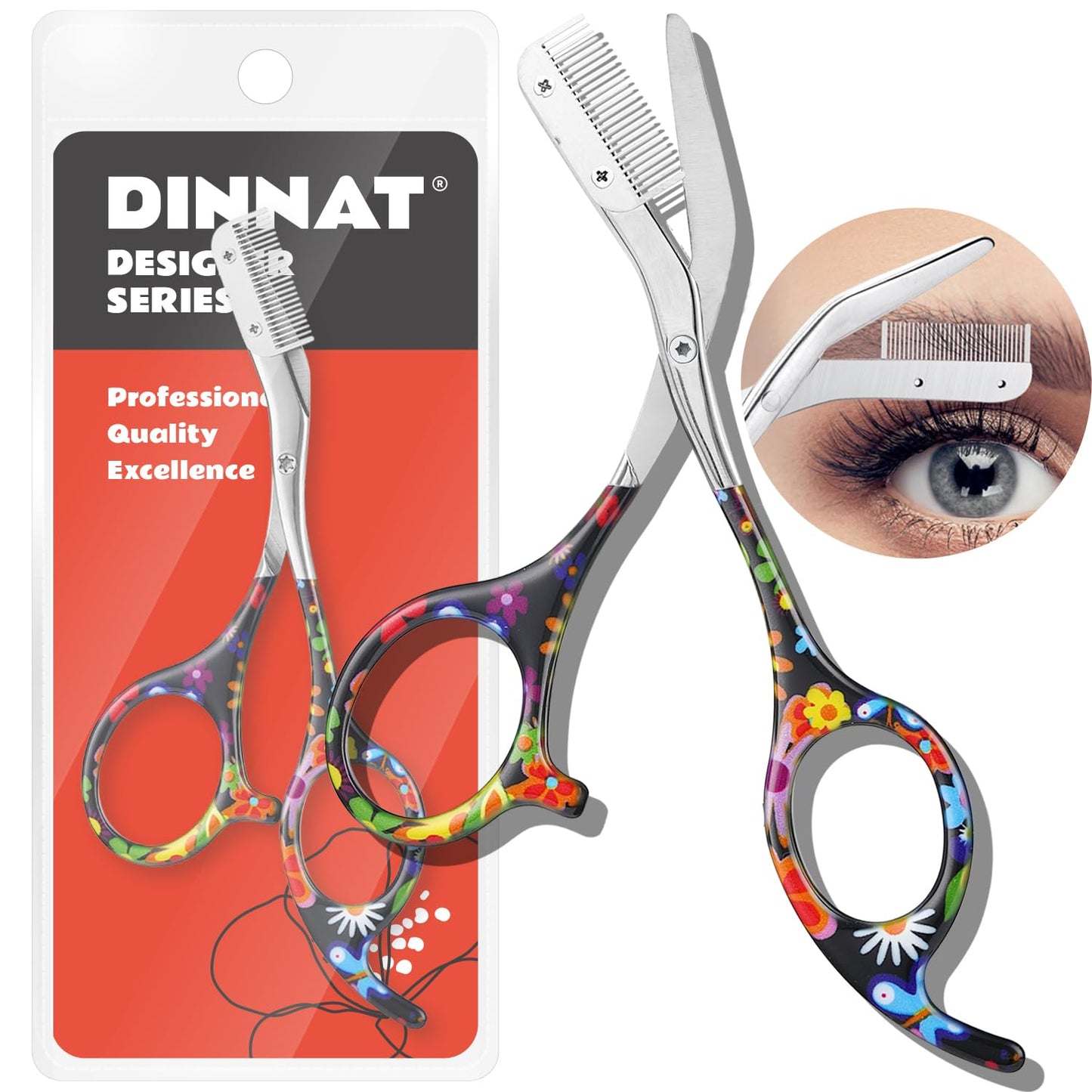 DINNAT Eyebrow Scissors With Comb, Facial Grooming Scissors Kit, Professional Precision Eyebrow Trimmer Scissors,Perfect For Gifts For Women and Men (Black Flower)