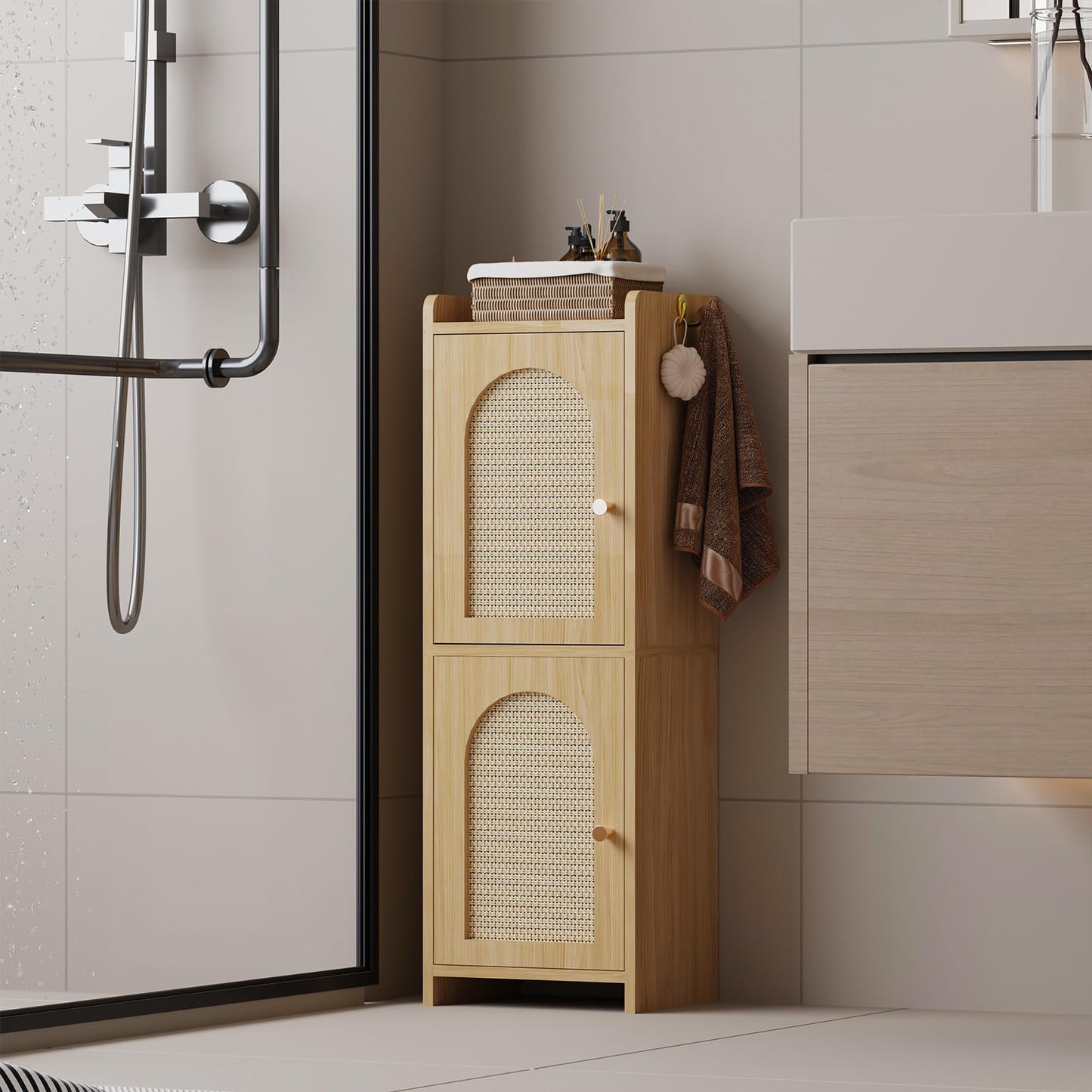 Arbuxzuy Rattan Bathroom Storage Cabinet,Corner Floor Cabinet with 2 Doors and Adjustable Shelf, Narrow Toilet Paper Cabinets with 2Hooks,Toilet Organizer for Small Spaces,7.87"D*9.84"W*29.72"H Oak