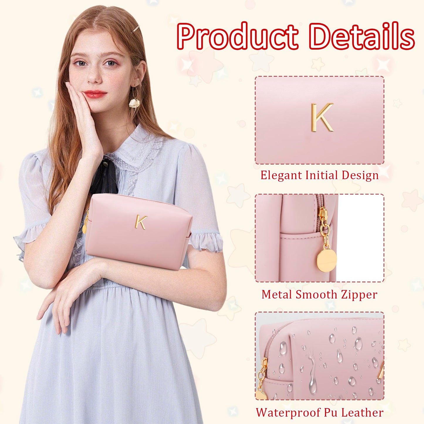 CLOUDWINGS Gifts for Women Bridesmaid Gifts Personalized Initial Makeup Bag PU Leather Cosmetic Waterproof Travel Toiletry Bag (Pink K)