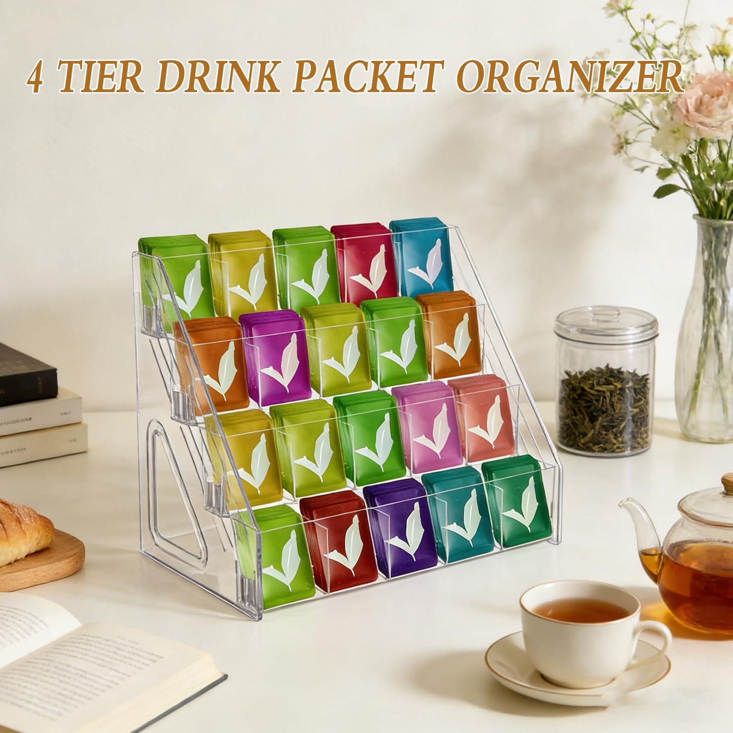 HFYZZ Tea Bag Organizer Display Stand, 4 Tier Clear Acrylic Tea Packet Storage Holder for Kitchen Countertop Cabinet Pantry Office Tea Bag, Coffee, Sugar Packets, Creamers Organization