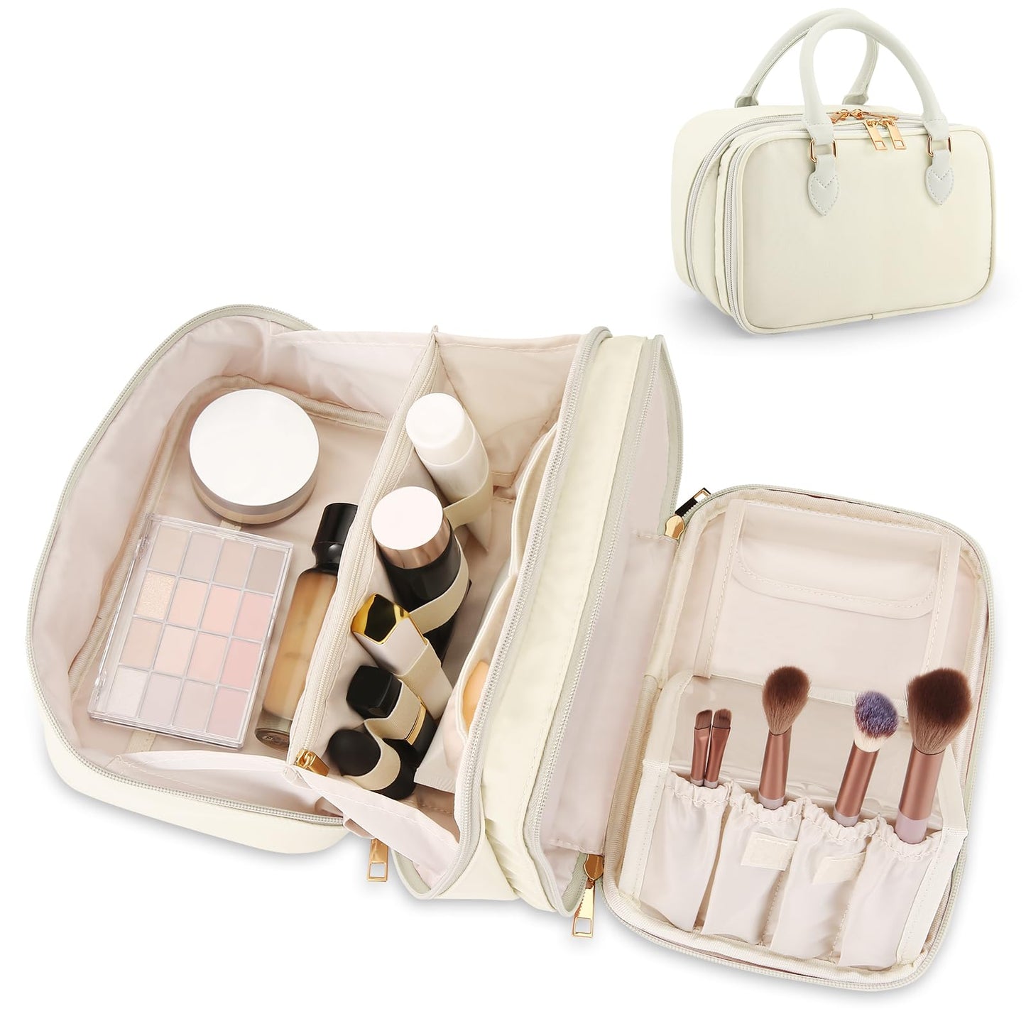 Travel Makeup Bag for Women Fashion Large Capacity Pouch Open Flat Cosmetic Portable Organizer Waterproof Large Opening Storage Toiletry Bags Vertical Free-Standing Brush Holder for Easy Access Beige
