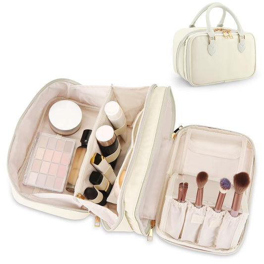 Travel Makeup Bag for Women Fashion Large Capacity Pouch Open Flat Cosmetic Portable Organizer Waterproof Large Opening Storage Toiletry Bags Vertical Free-Standing Brush Holder for Easy Access Beige