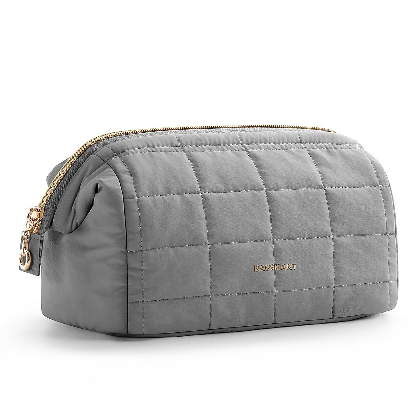 BAGSMART Makeup Bag Travel Toiletry Bag, Puffy Padded Make Up Bags for Women Makeup Organizer Case, Wide-open Pouch Purse Travel Essentials Toiletries Accessories Brushes, Gray