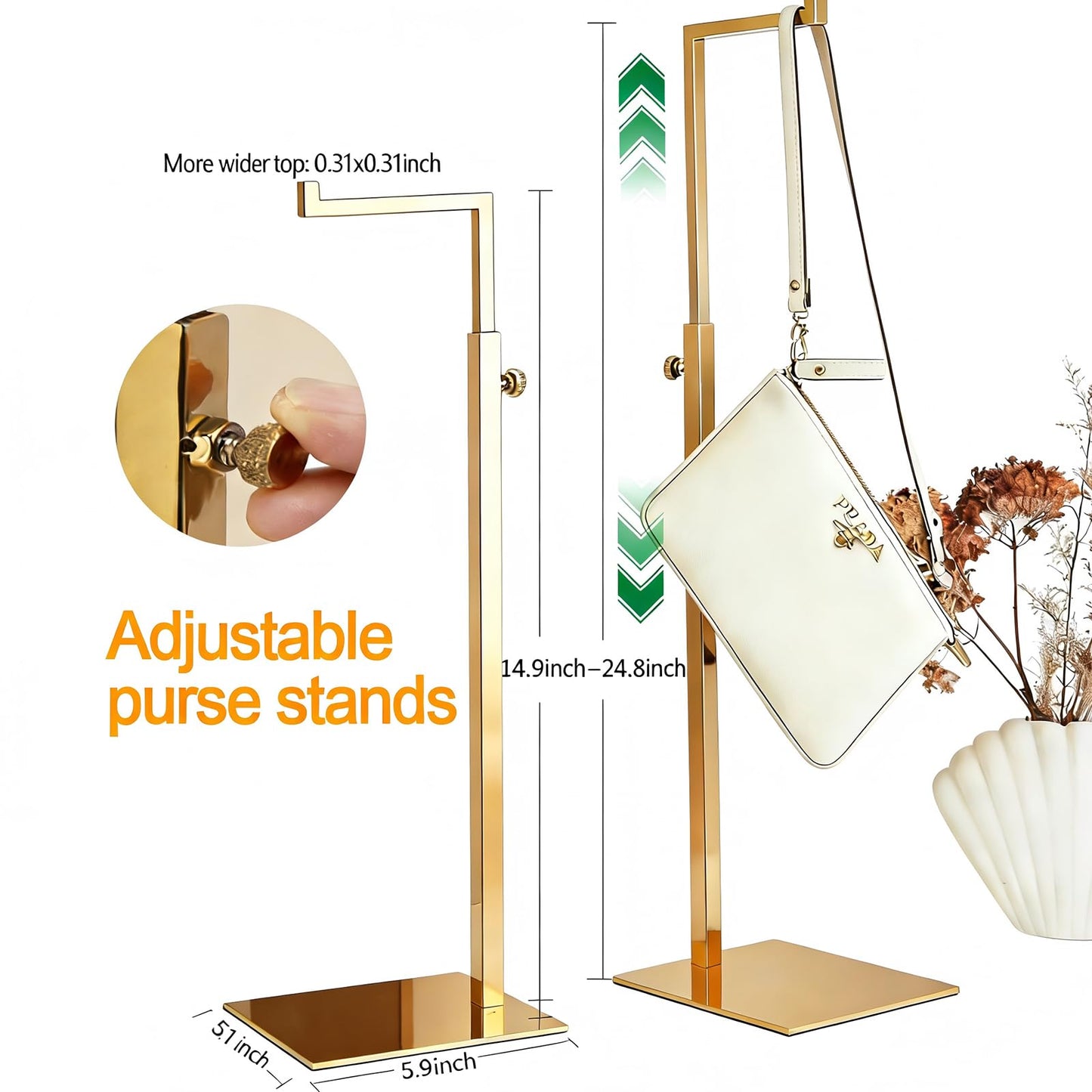 K KAIDIYIN Gold Purse Display Stand, 2 Pack Handbag Display Stand Adjustable Height Stainless Steel Stability Non-slip Base,22lbs Large Bags Display Rack Luxury Purse Holder for Table Retail Closet
