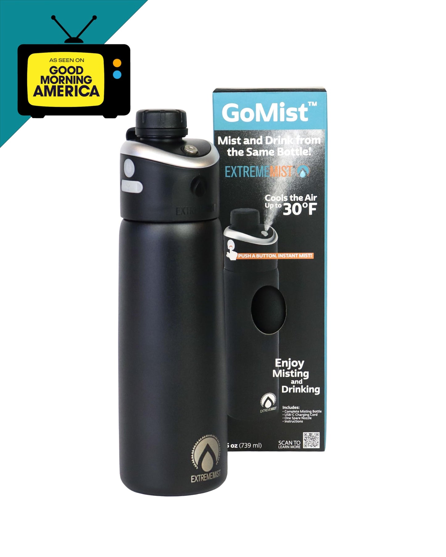 Extreme MIST - GoMist Misting & Drinking Bottle - Personal Mister - Cooling Water Bottle w/Easy-Drink Spout - Stainless-Steel Double Wall Insulated - Portable Misting - Midnight Black, 25oz/750ml
