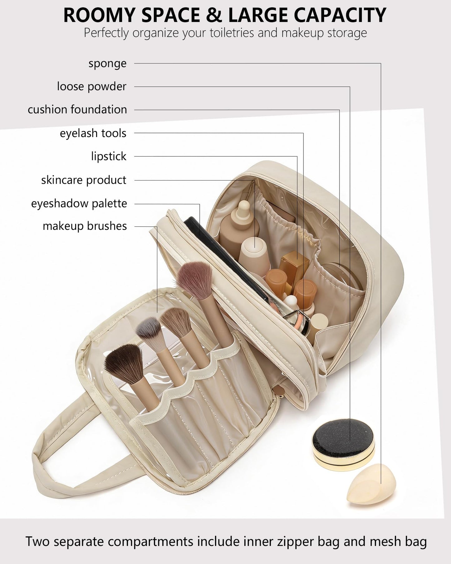 XIAOLER Small Makeup Bag, Travel Cosmetic bag, Toiletry Bag For Women, Make up Bag With Brush Storage, Hanging Toiletry Bag, Puffy Padded Makeup Organizer Case, Wide-open Travel Essentials (Beige)