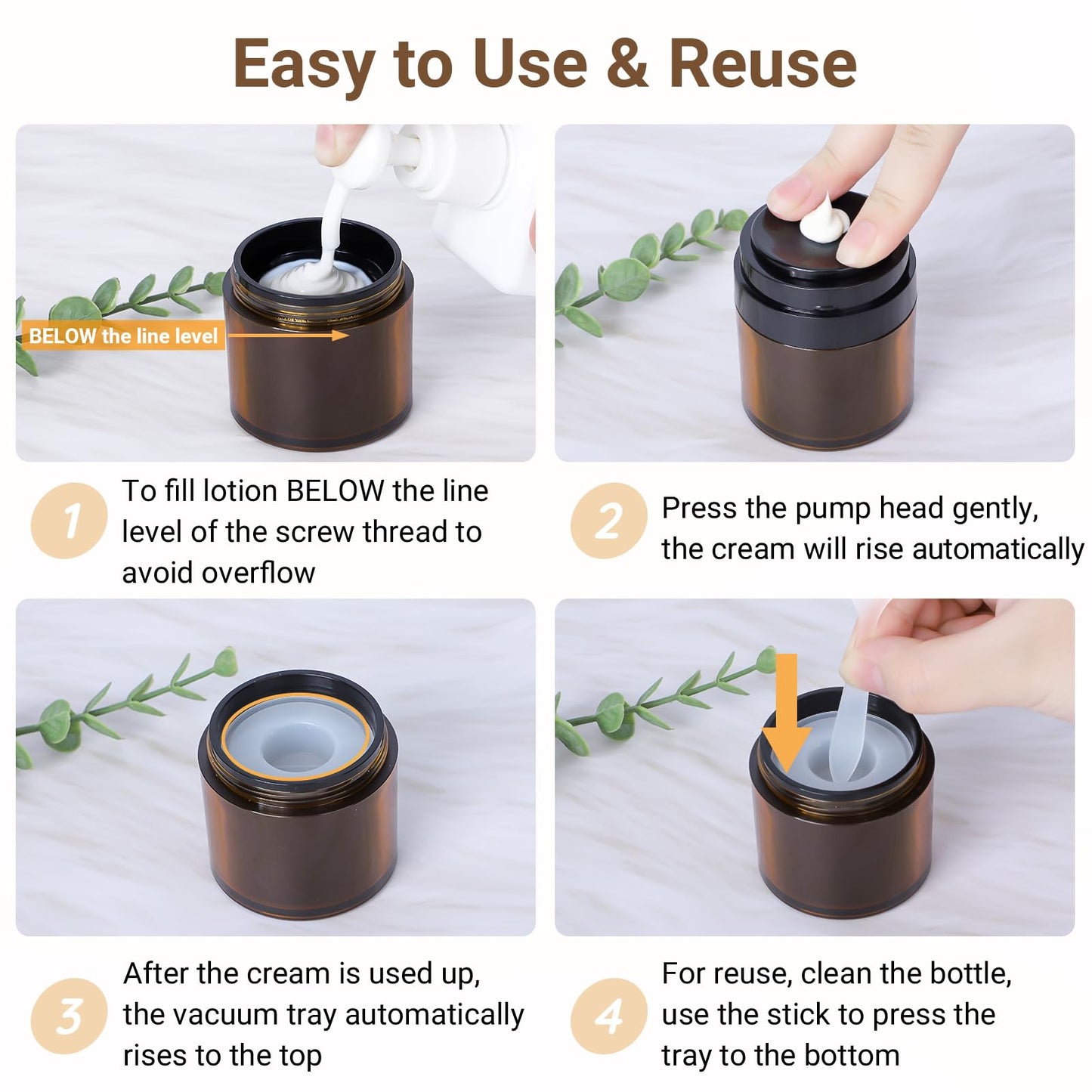 Segbeauty 1oz Refillable Small Airless Pump Jar Amber, 3pcs Empty Travel Size Cream Containers, Mini Vacuum Lotion Travel Bottles for Toiletries, 30ml Pump Dispenser Makeup Containers for Liquids