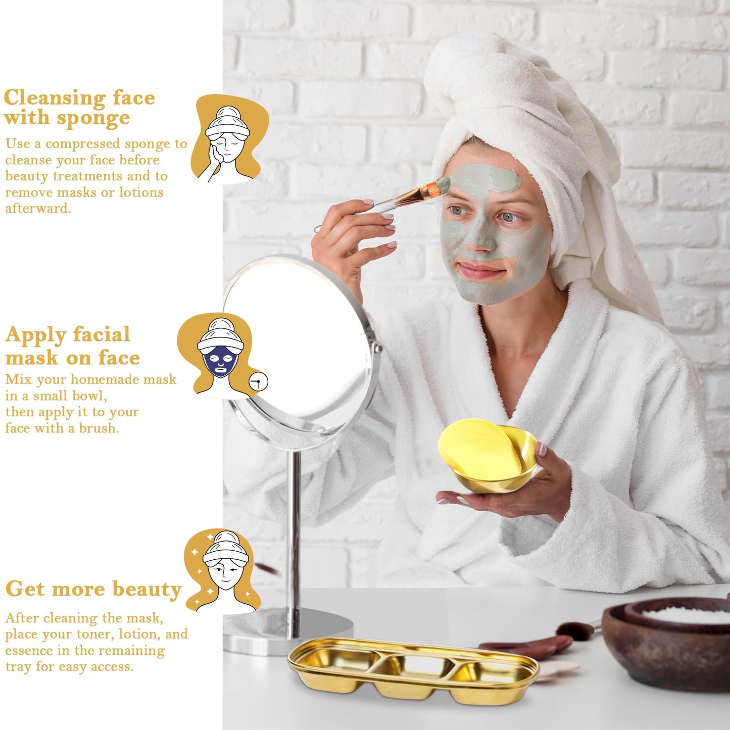 23 Pcs Esthetician Supplies 3 Stainless Steel Gold Mixing Bowls Gold Small Serving Tray 3 Compartment Serving Tray 3 Facial Fan Brushes 3 Face Mask Applicator Brush 12 Facial Sponge Compressed Round