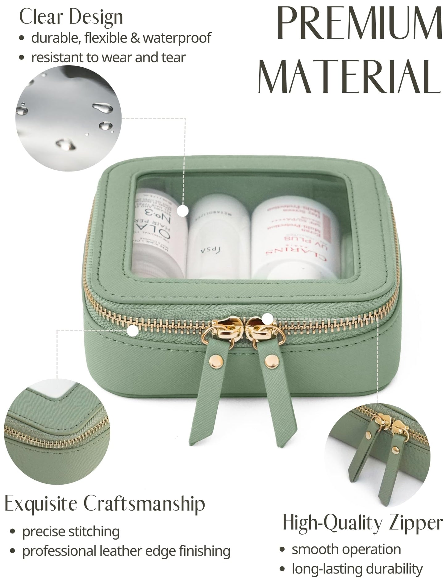 Popvibe Small Clear Makeup Bag Mini Travel Cosmetic Case Transparent Toiletry Bag with Zipper, Portable Make Up Organizer Traveling Compact Car Bag for Essentials, Sage Green, Mini