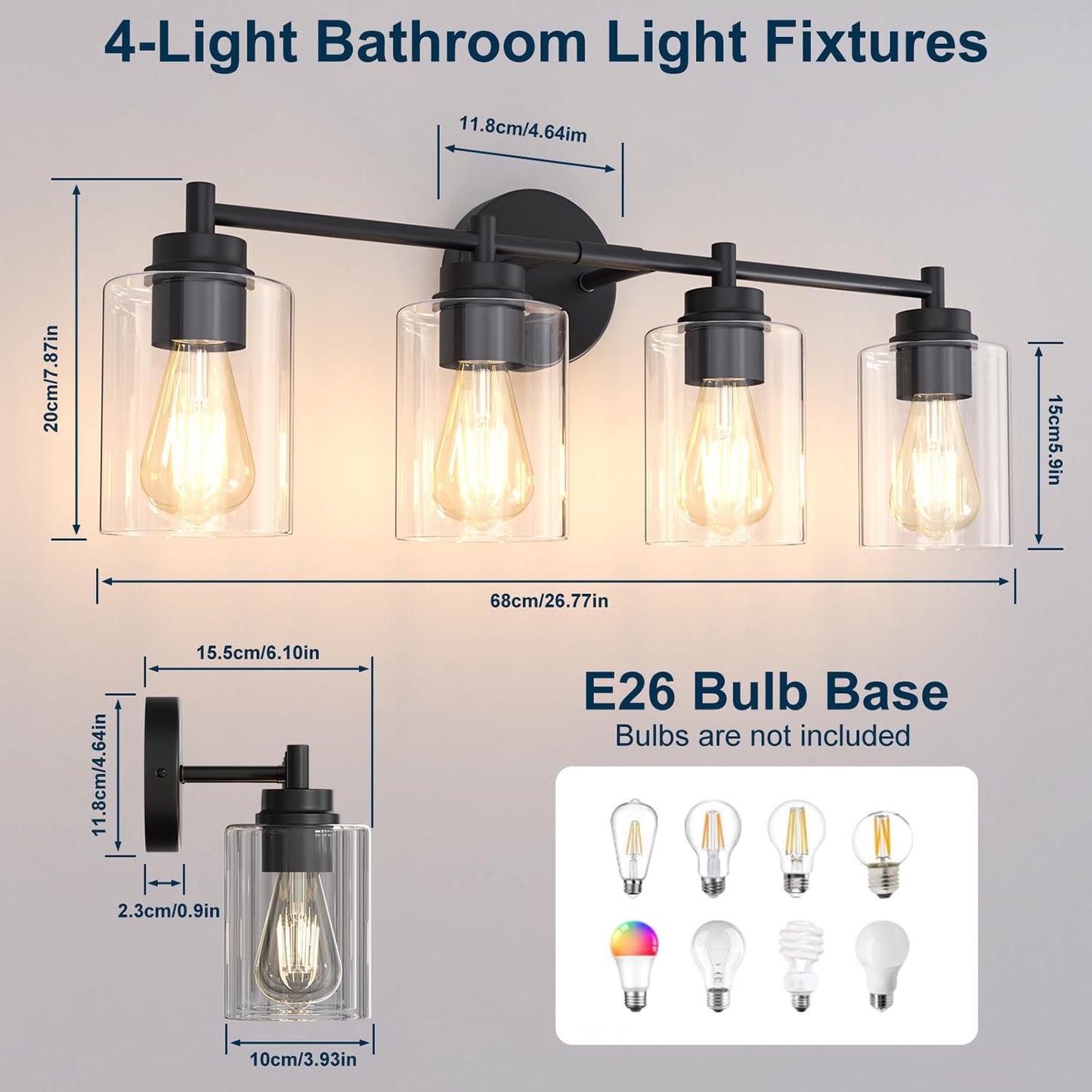 Sobrovo 4-Light Bathroom Light Fixtures, Matte Black Modern Vanity Light with Clear Glass Shades, Bathroom Sconce for Mirror Living Room Cabinet Bedroom Porch,E26 Base(Bulbs Not Included)