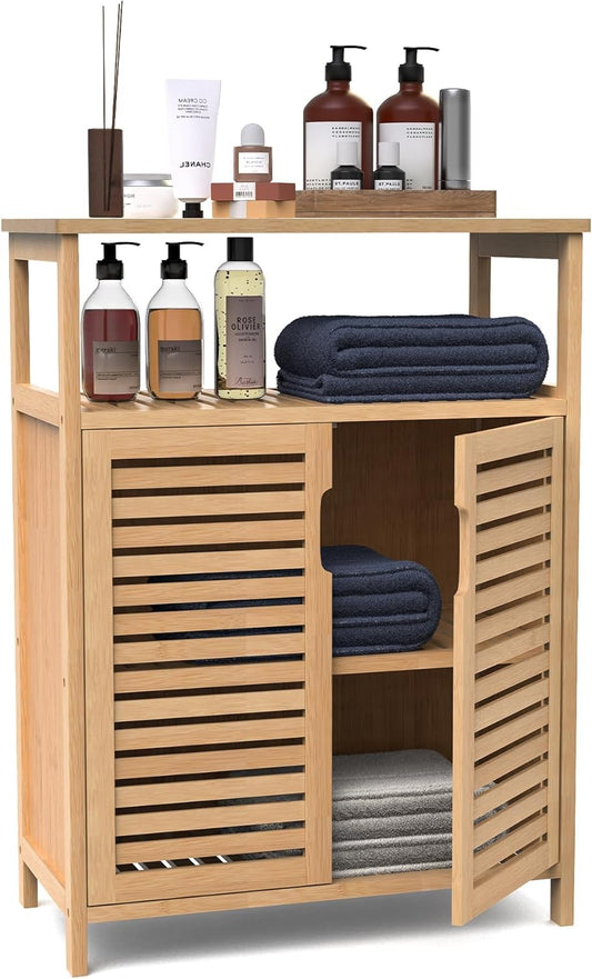 FoverOne Bamboo Bathroom Storage Cabinet with 2 Doors, Bathroom Floor Freestanding Cabinets Organizer for Living Room, Kitchen, Entryway