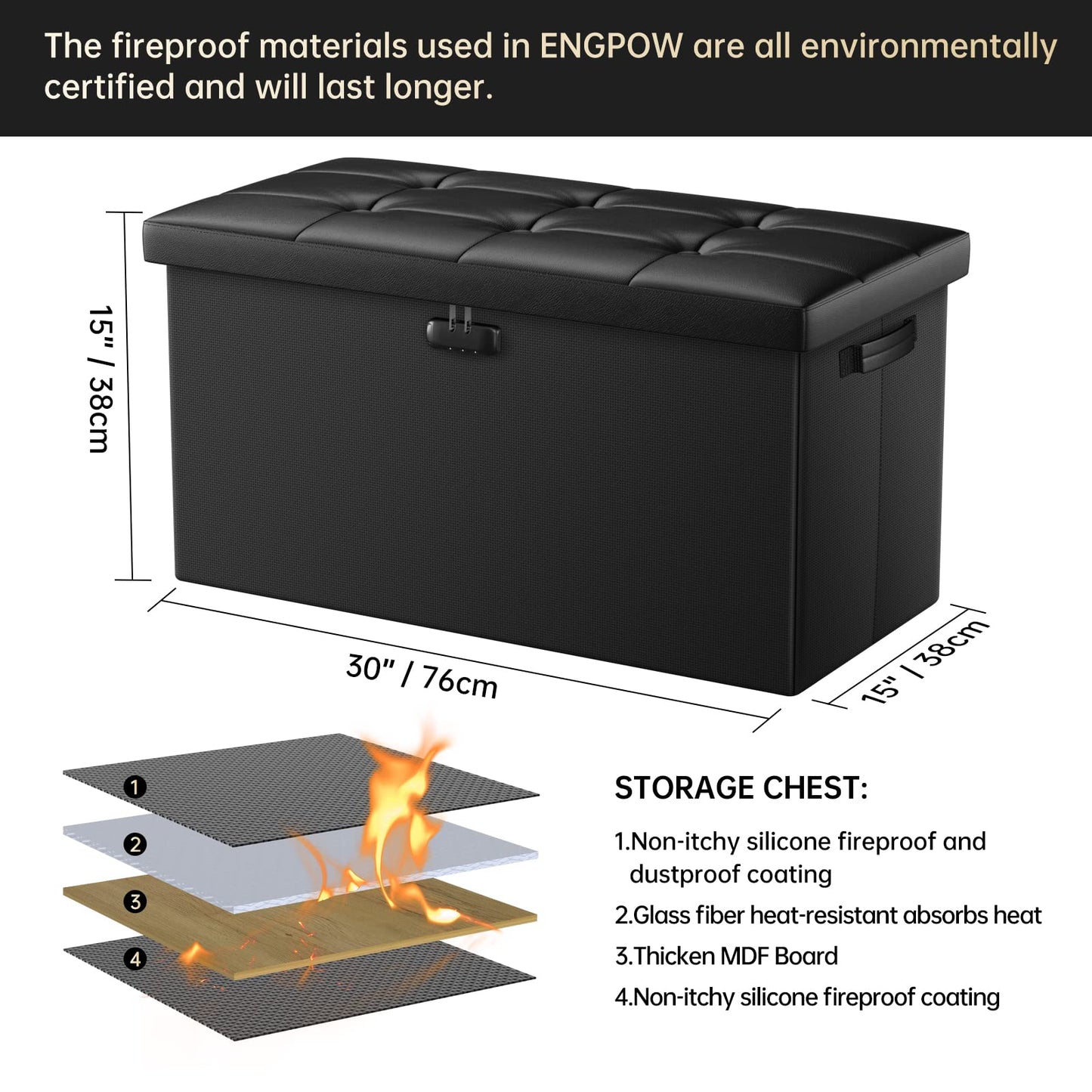 ENGPOW Storage Ottoman Bench,Fireproof Folding Bench with Lock,30 Inches Fire＆Water Resistant Storage Chest Foot Rest Stool Leather Bedroom Bench with Storage Safe for Document,Valuables,Black