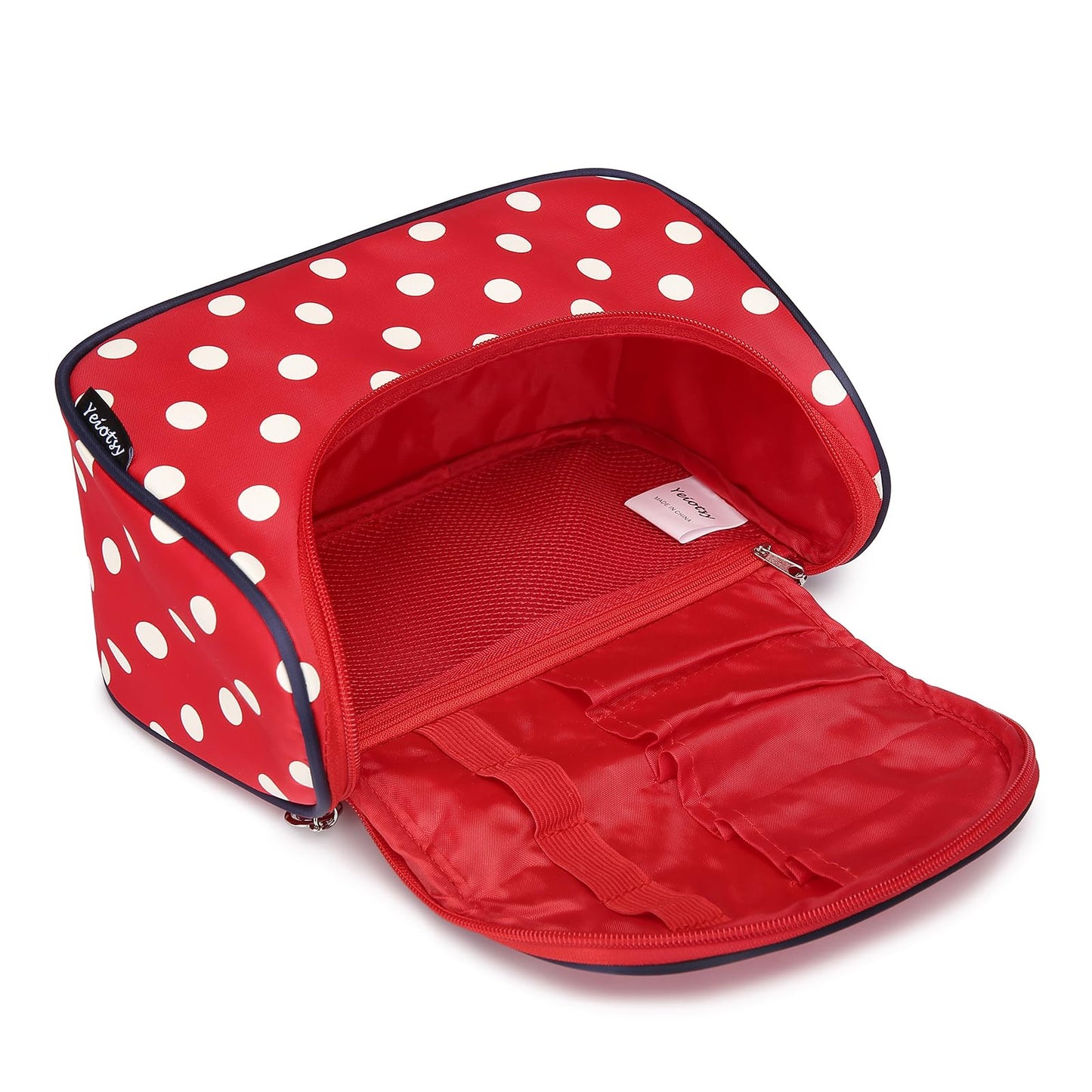 Yeiotsy Travel Cosmetic Bag for Women – Polka Dot Makeup Bag Organizer & Hanging Toiletry Bag (Classic Red)