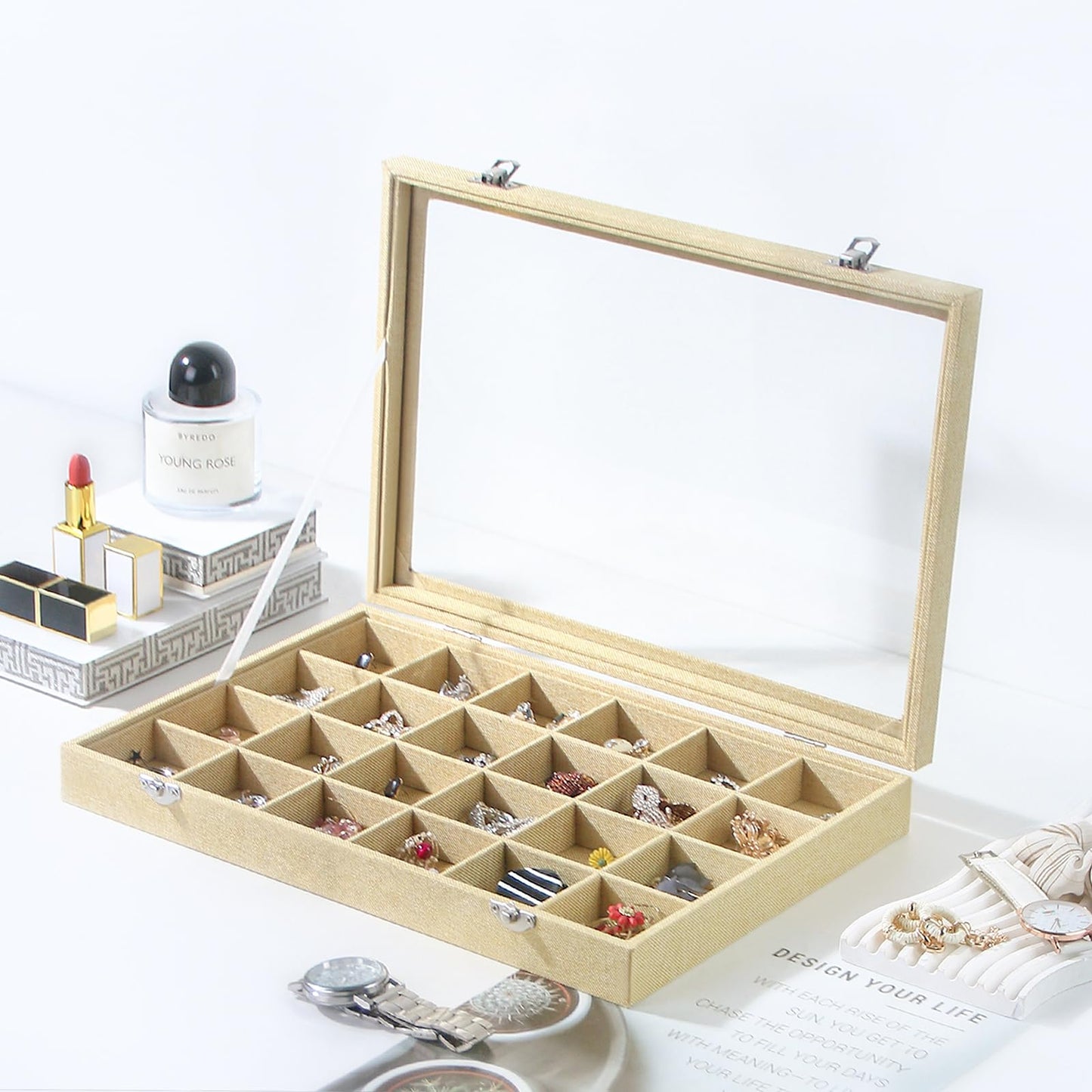 Coward Jewelry Organizer Box, Yellow Linen 24 Grids Ring Earring Jewelry Display Tray Case with Transparent Glass Lid for Home Drawer or Shop Selling