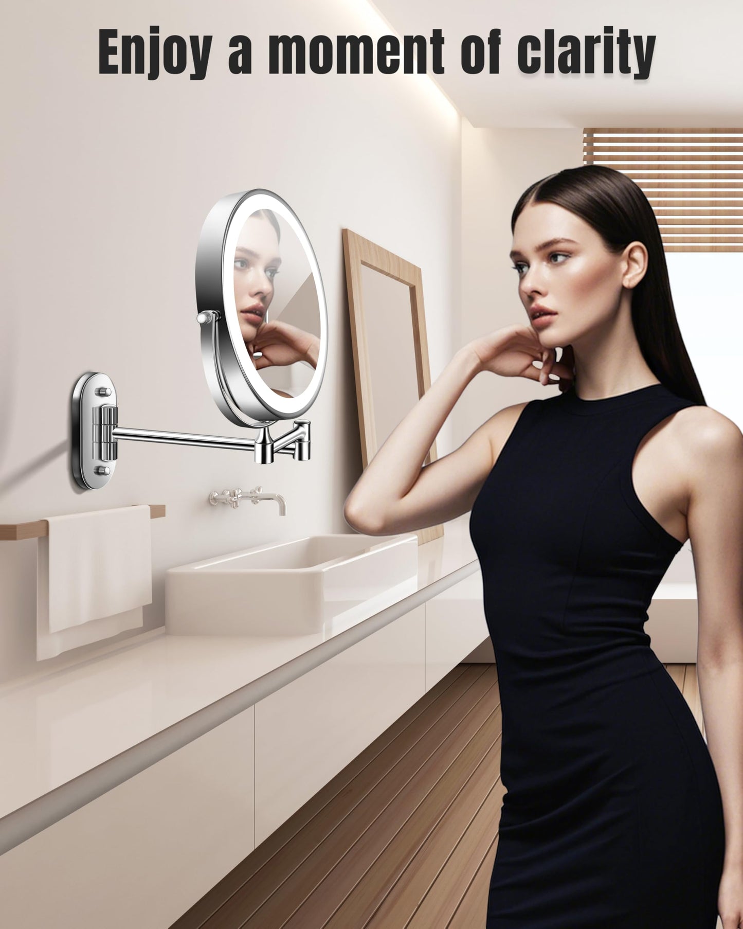Wall Mounted Makeup Mirror with Light, 30X/1X 8'' Double Sided LED Magnifying Bathroom Lighted Vanity Mirror with Magnification, 3 Color Light up Touch Dimmable Extended Arm 360 Rotation