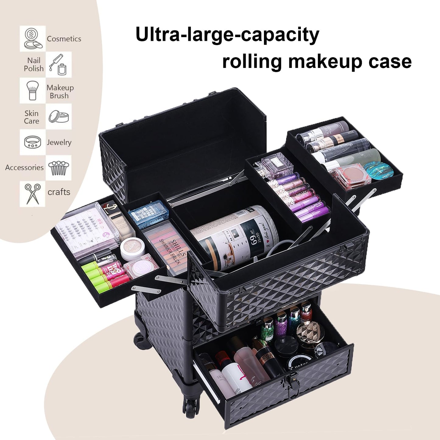 TOPACK Rolling Makeup Train Case,360°Rotaing Wheel Aluminum Cosmetic Case with Trolley 4-Tray for Tattoo/Barber/Nail Tech Travel Cart Organizer 13.1 * 9.8 * 18.3in BLACK (BLACK)