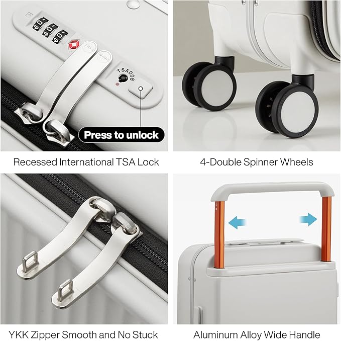 mixi Luggage Suitcases with Spinner Wheels 24'' Travel Luggage wih Front Laptop Pocket, Wide Handle PC Hardshell Suitcase with TSA Lock & Cover, Checked Luggage(Smoke White)