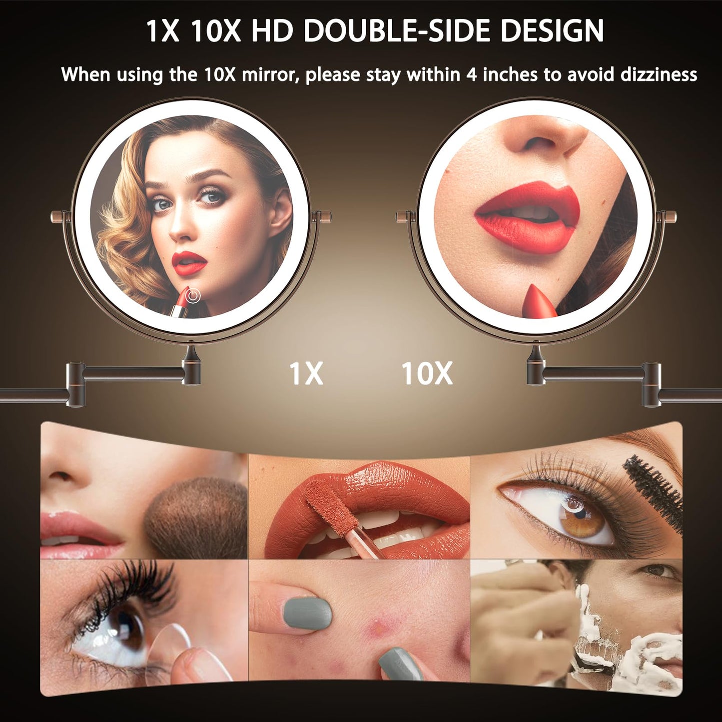 MIROAMZ Rechargeable Wall Mounted Lighted Makeup Vanity Mirror 8 Inch Double Sided 1X 10X Magnifying Bathroom Mirror, 3 Color Lighting, Touch Screen Dimming, 360 Rotation Oil Rubbed Bronze