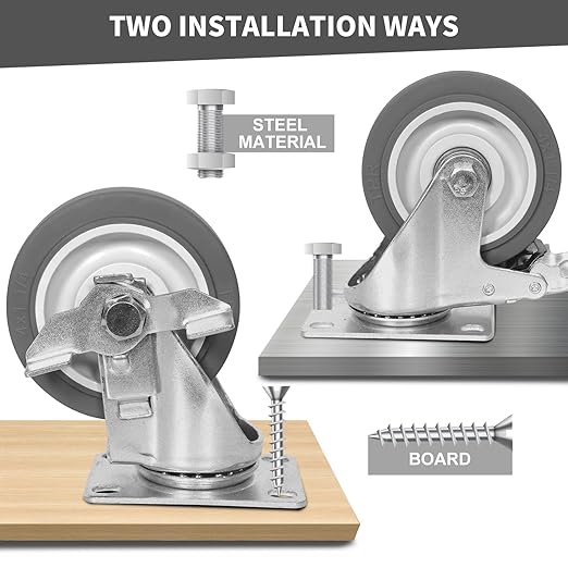 4 Inch Caster Wheel, Rubber Wheels Silent Castor- Set of 4 Heavy Duty Caster Wheels with Brake 1600Lbs, Industrial Plate Casters Wheels for Cart Furniture Workbench (2 Brake & 2 Swivel)