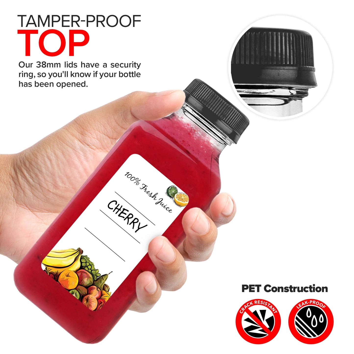 12 oz Juice Bottles with Caps for Juicing (12 pack) - Reusable Clear Empty Plastic Water Bottles - Drink Containers for Mini Fridge, Juicer Shots Includes Labels, Brush & Funnel
