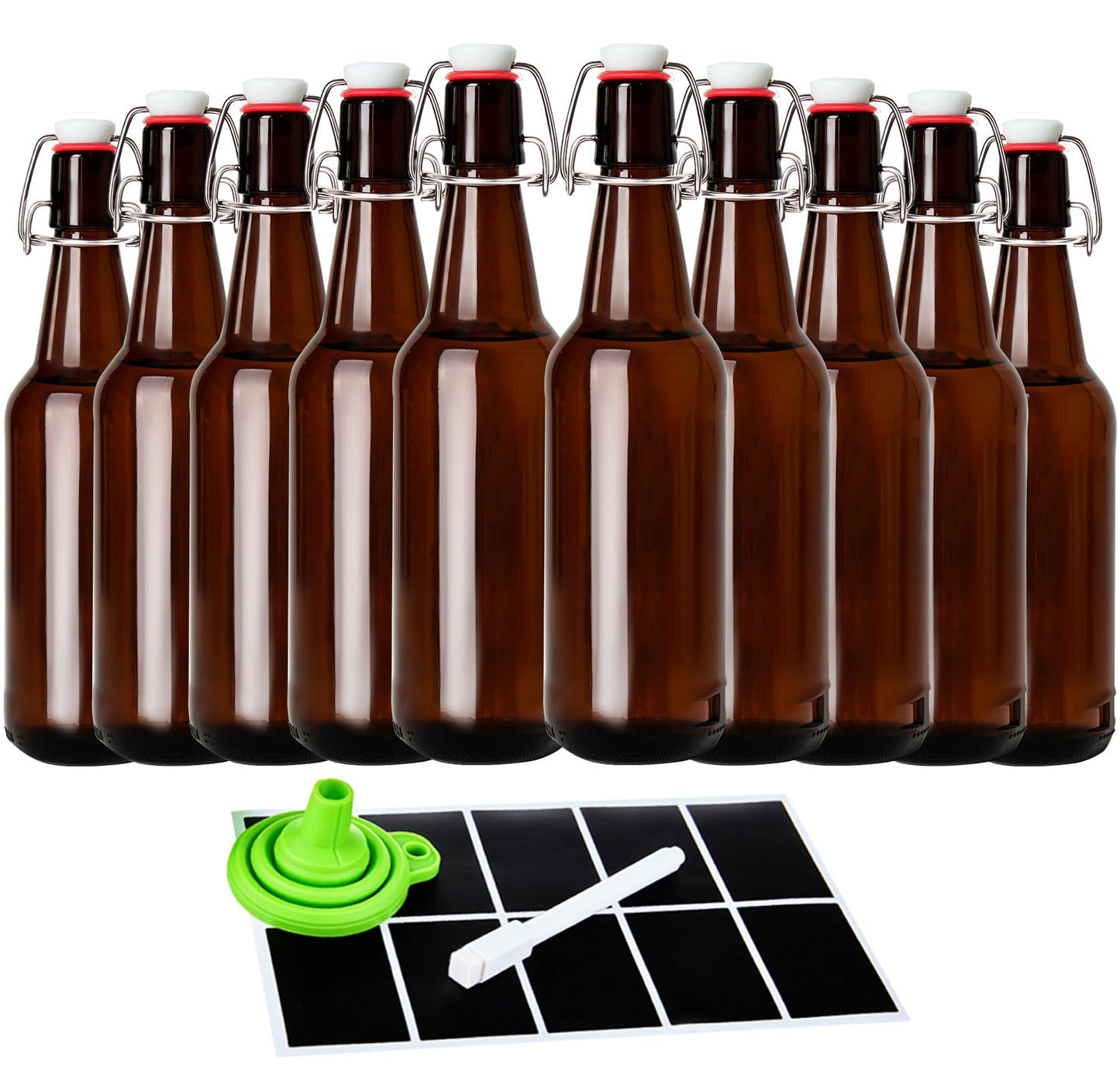 16.5oz Amber Beer Bottles with Flip Caps Set of 10, Swinging Top Glass Brewing Bottles with Airtight Lids for Vanilla Extract, Fermentation Kombucha, Beverage, Water, Kefir, Soda